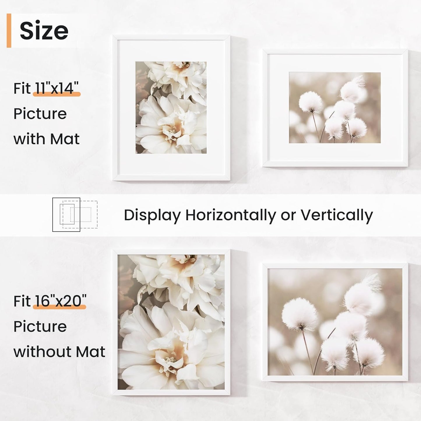 16x20 inch Picture Frame, 16x20 Photo Frames with 11x14 Removable Mat - High Definition Plexiglass - Vertical and Horizontal Display - Wall Hanging Frame - White, 3 Pack