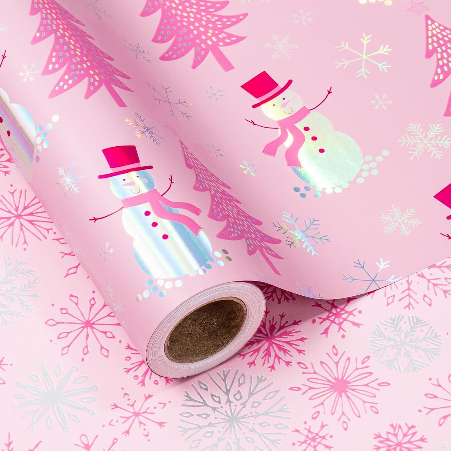 LeZakaa Christmas Pink Wrapping Paper Jumbo Roll, Snowman Christmas Tree & Snowflake Metallic Foil, Rose Gold Foil Reversible Design for Festive Winter Holiday, Family Gathering, 30 inches x 100 Feet