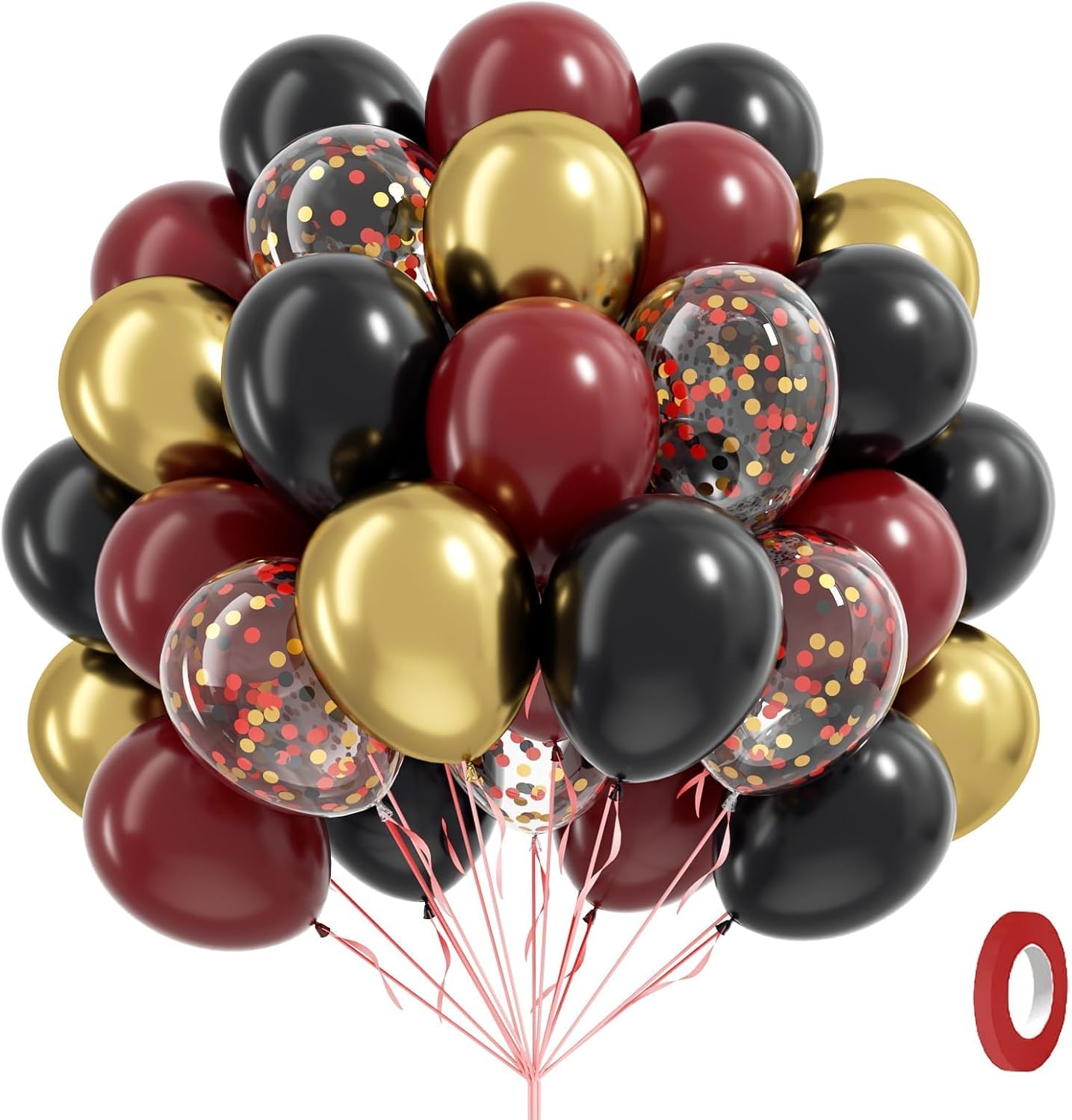 60pcs 12inch Black Burgundy and Gold Balloons, with Gold Red Black Confetti Balloons for Maroon Themed Birthday Baby Shower Graduation Party Decorations