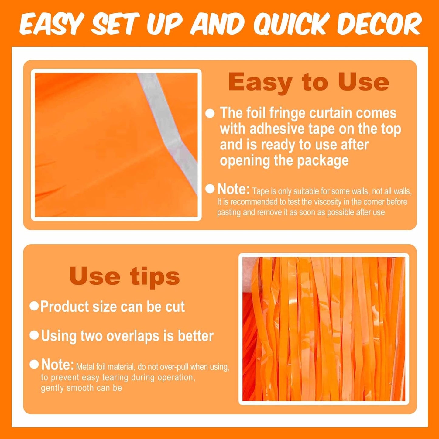 3 Pack Macaron Orange Foil Fringe Curtains Backdrop, 3.28 x 9.8 Ft Metallic Streamers Tinsel Curtains Background for Photo Booth, Birthday, Halloween, Christmas, New Year Party Decorations