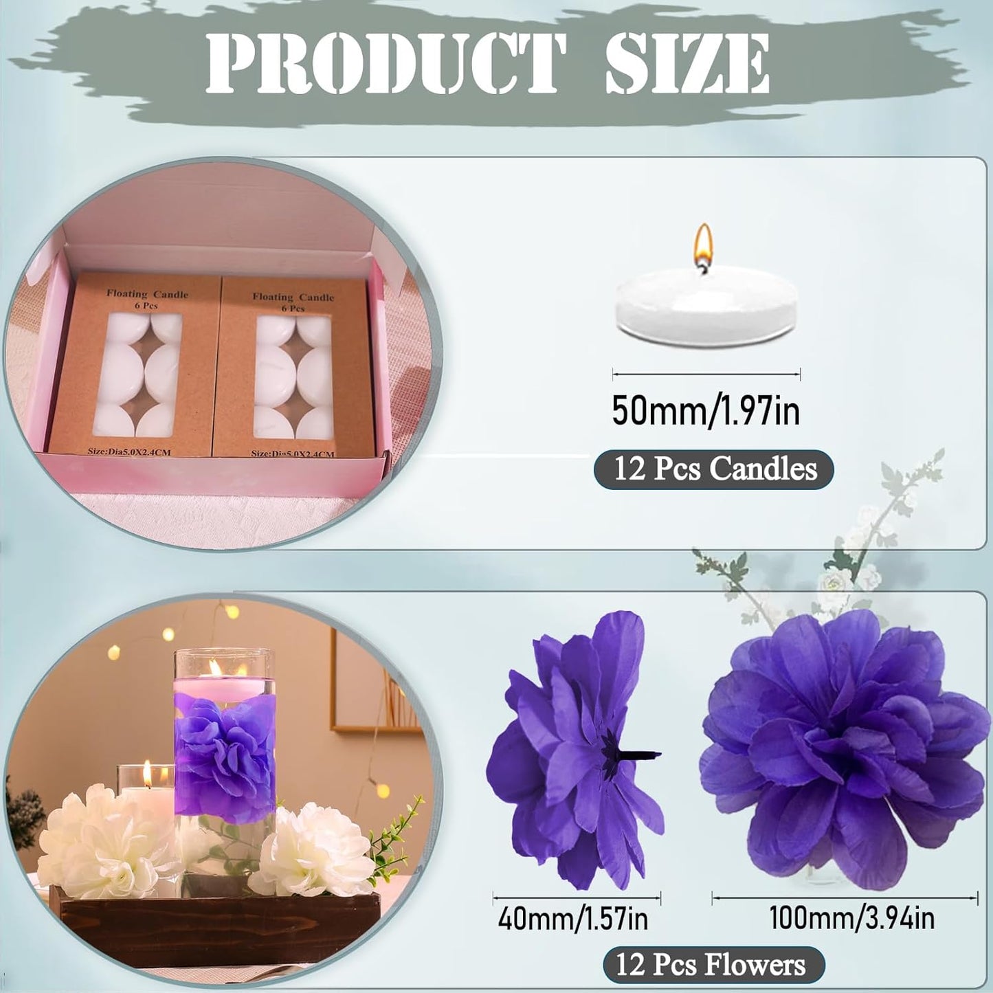 24 Pcs Floating Candles for Centerpieces and Floating Flowers Artificial Flowers Head Vase Filler for Party Home Table Wedding Centerpieces Decoration (Purple)