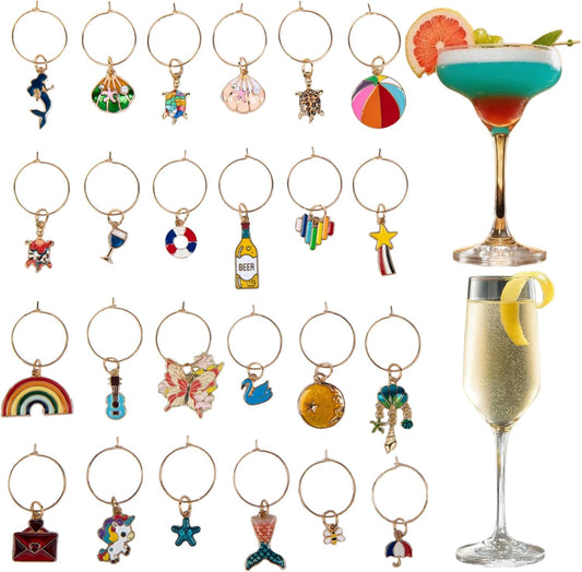 24Pcs Wine Glass Charms & Markers - Reusable Identifier Tags for Stem Glasses - Funny Non-Scratch Charms for Summer Beach, Christmas & Wine Party