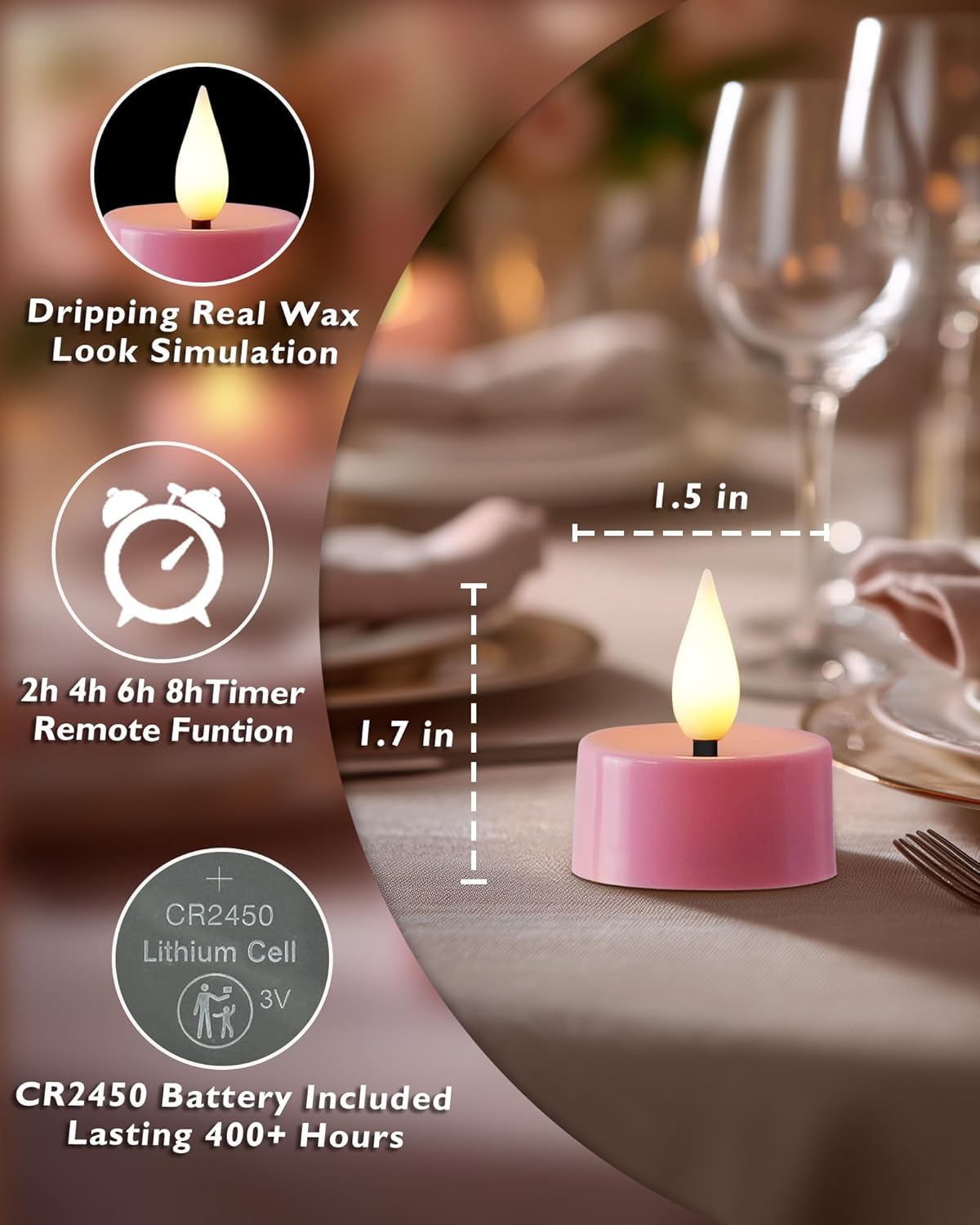 Amagic Flameless Pink Timer Remote Tealights Candles, 3D Black Wick Flickering Tea Light, 400+Hour Colored Votive Candles Battery Operated, Set of 12 for Romantic Wedding Decor, Baby Showers, Proposal