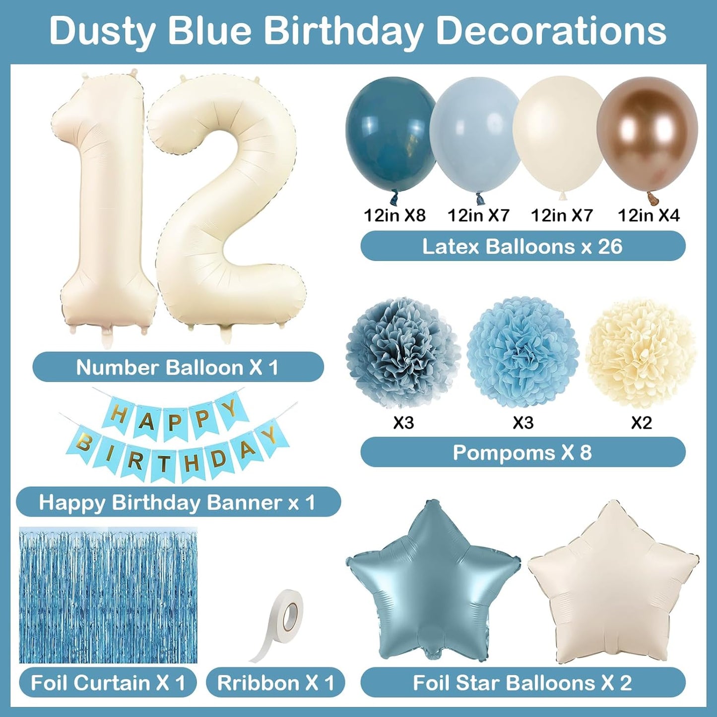 Dusty Blue 12th Birthday Party Decorations Boys Girls Beige Cream Number 12 Balloon with Blue Gold Happy Birthday Banner Fringe Curtain Paper Pom Poms Nude White Sand Champagne Star Foil Balloons