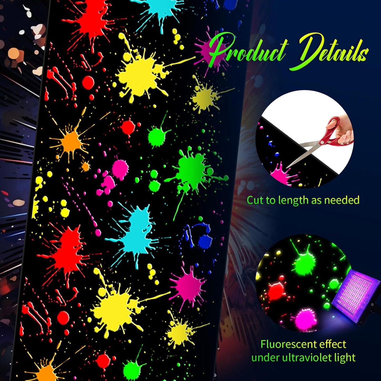 Haull 236 x 39 Inch Neon Light up Dance Floor Glow in The Dark Floor Runner Neon Party Decorations UV Blacklight Reactive Fluorescent Wall Props for Glow Disco Party Favors(Ink)