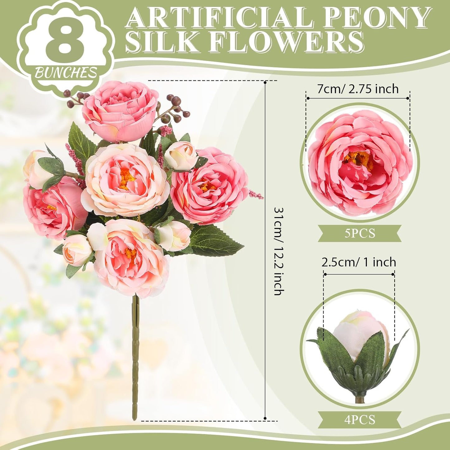 8 Bundles Artificial Peonies Flowers Boho Faux Flowers Arrangements Artificial Centerpiece Spring Bouquet Floral Wedding Decoration for Vase(Pink Color)