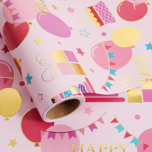 Aimyoo Pink Birthday Wrapping Paper Roll - 17 Inch X 16.4 Feet - Gold Foil Celebration Cake, Balloon, Happy Birthday Lettering Design Gift Wrap for Kids, Baby Showers