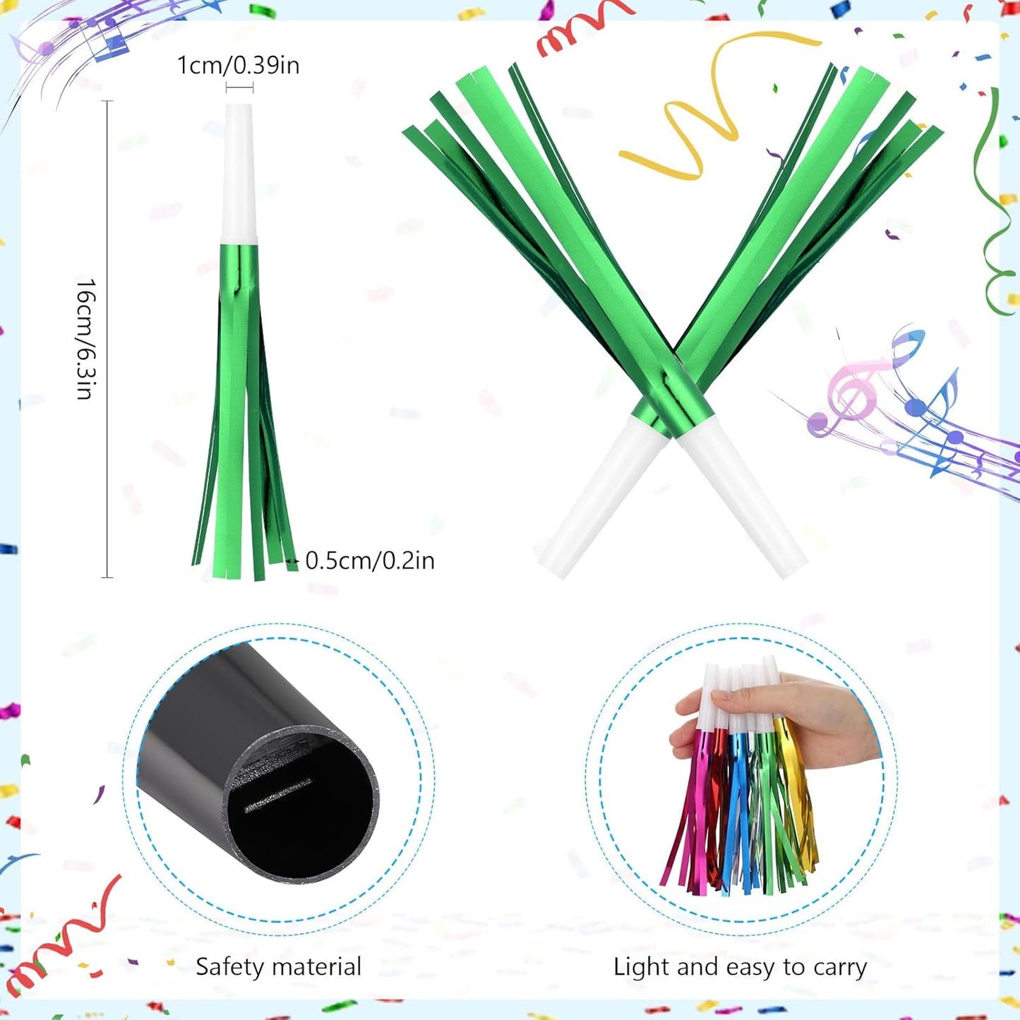 Metallic Fringed Noise Makers, for Noise Makers Party Favors, New Year Party, Baby Shower, Kids Birthday, 24 Pcs, Green