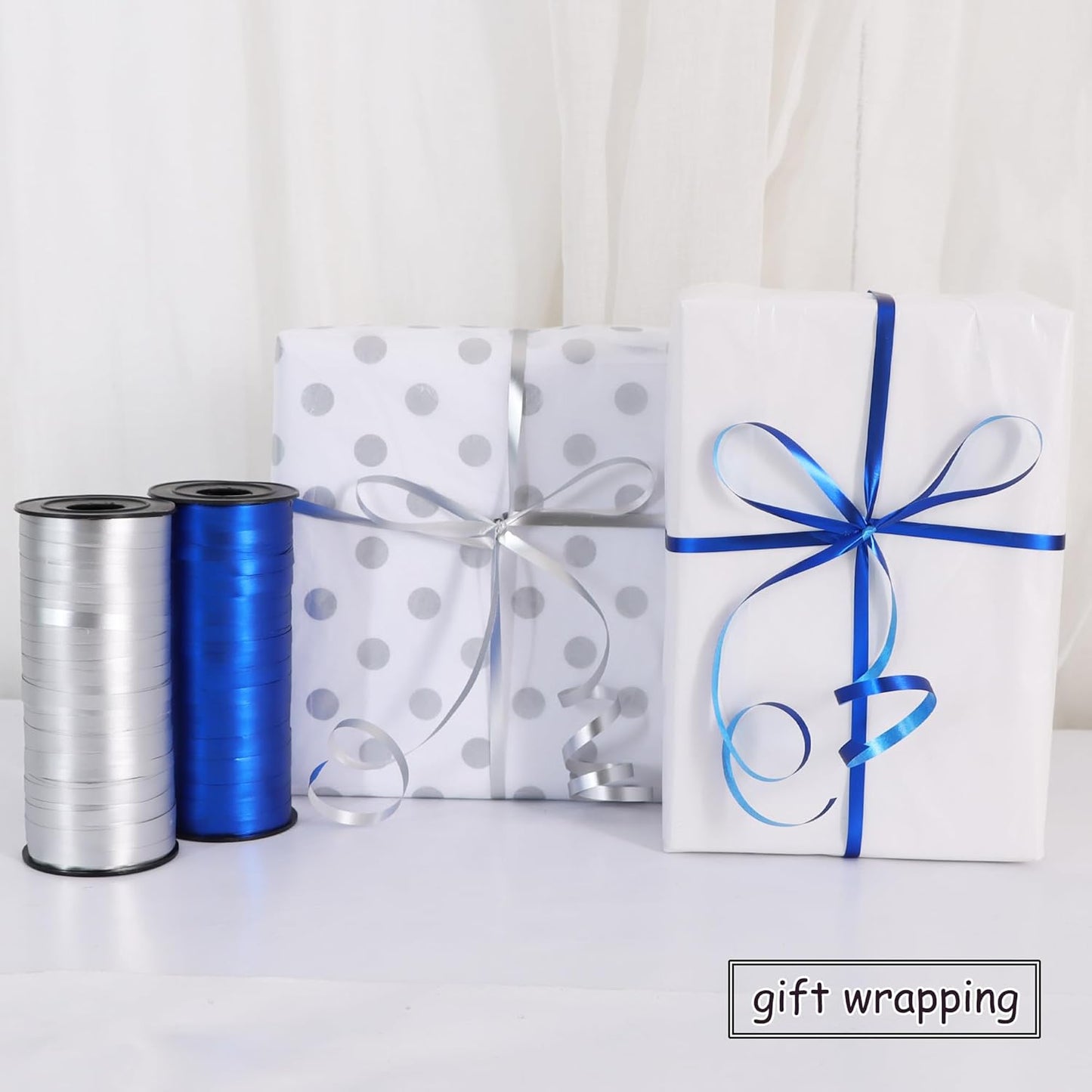 BEISHIDA Blue and Silver Curling Ribbons Balloon String Ribbons - 2 Pack 100 Yards for Gift Warppping Birthday Bachelor Party Decorations