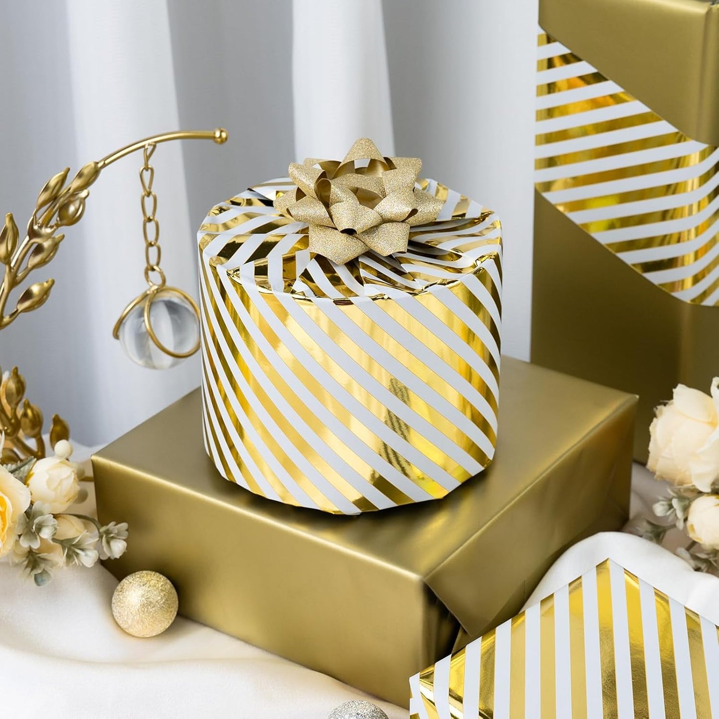 Burymento Platinum Stripe Wrapping Paper, Reversible Gold Gift Wrap for Birthday, Valentines, Mothers day, Graduation, Wedding, Fathers day, Baby Shower, Christmas (17in x 32.8ft)
