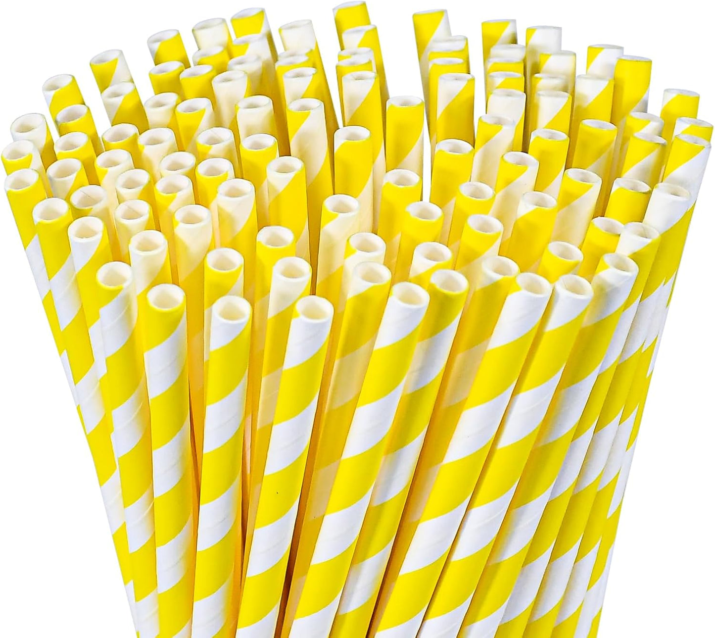 Eco-friendly Yellow White Striped Disposable Paper Drinking Straws 7.75'' x 0.24'' 100 Counts - for Cocktail, Party, Juice, Water, Milk