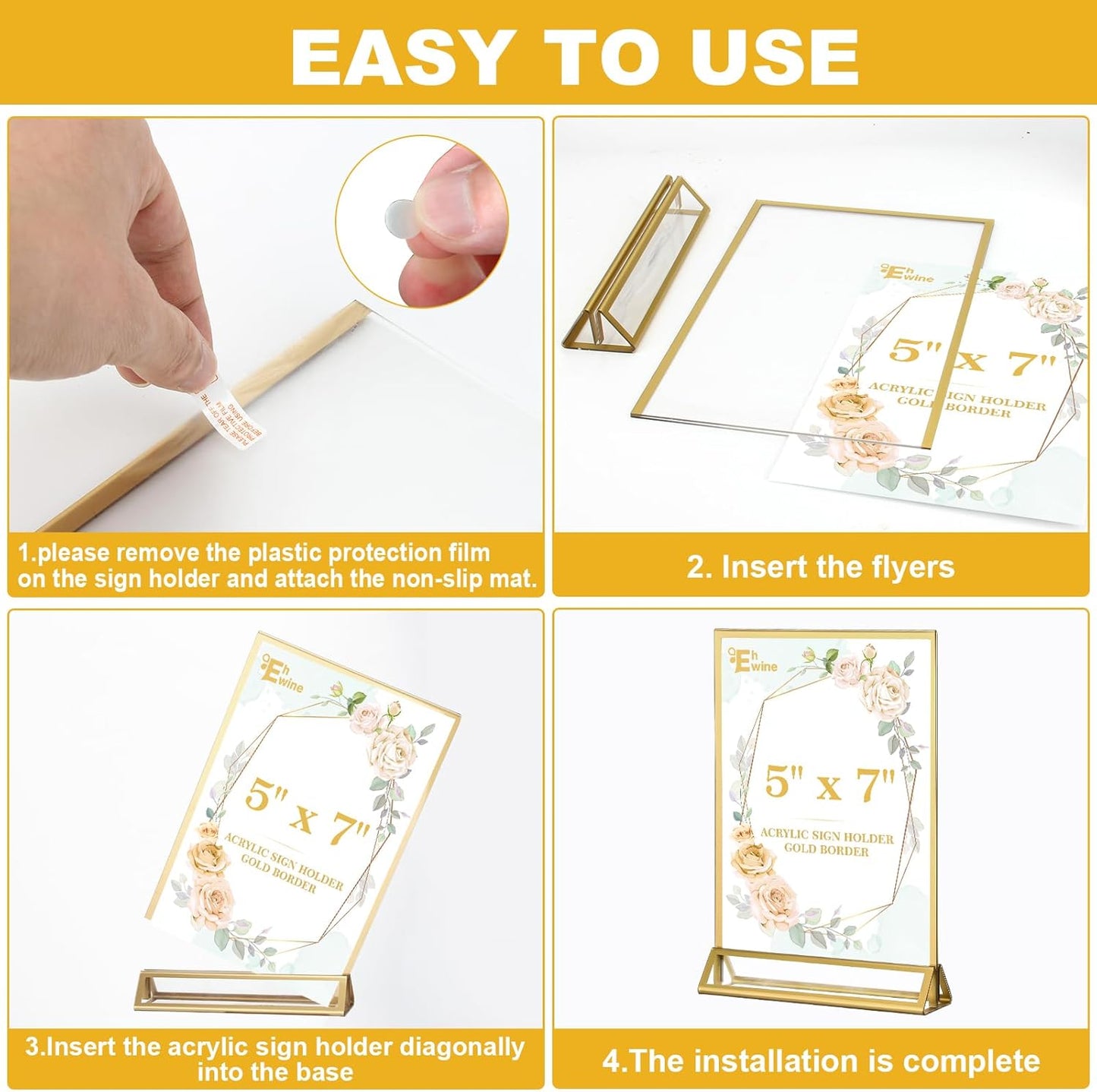 EHWINE 2 Pack Acrylic Sign Holder 5 x 7, Double Sided Gold Picture Frame Stand up Table Top Sign Holders, Clear Display Stand Menu Flyer Holder for Wedding Party