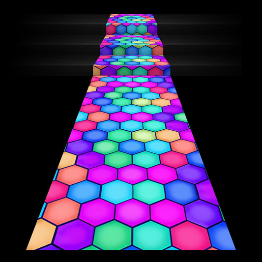 Haull 118 x 39 Inch Neon Light up Dance Floor Glow in The Dark Runner UV Reactive Blacklight Floor Aisle Runner Decor Wall Props for 80s 90s Neon Birthday Party Decorations(Hexagon)