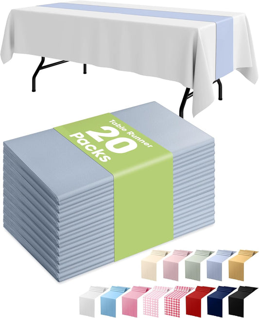 Pureegg Dusty Blue Plastic Table Runners - 20 Pack, 14'' x 108'', Water Resistant & Disposable Centerpiece Decorations for Table Cloth, Wedding, Birthday, Holiday, Baby Shower, Party, Home Decor