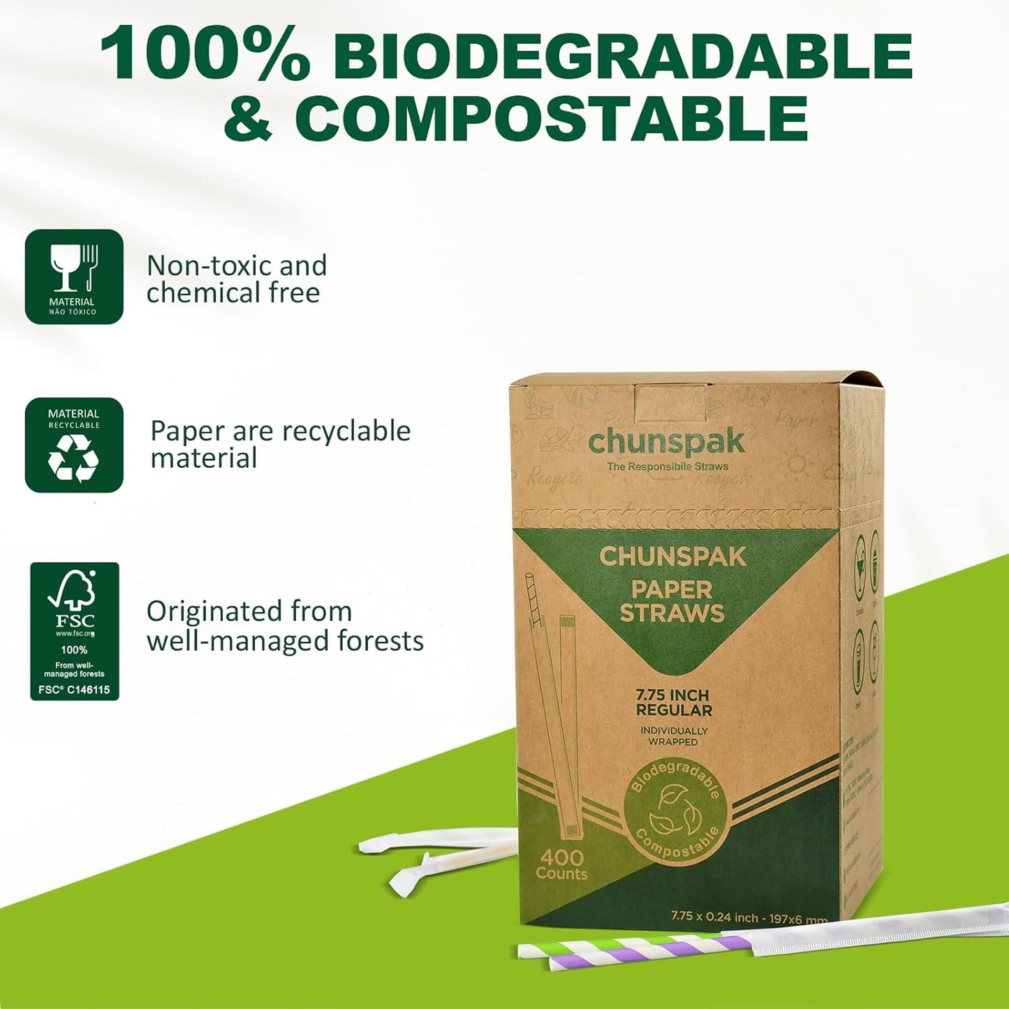 Individually Wrapped Disposable Paper Drinking Straws 7.75'' x 0.24'' - Colorful Stripes [400 Counts] - Eco-friendly Biodegradable