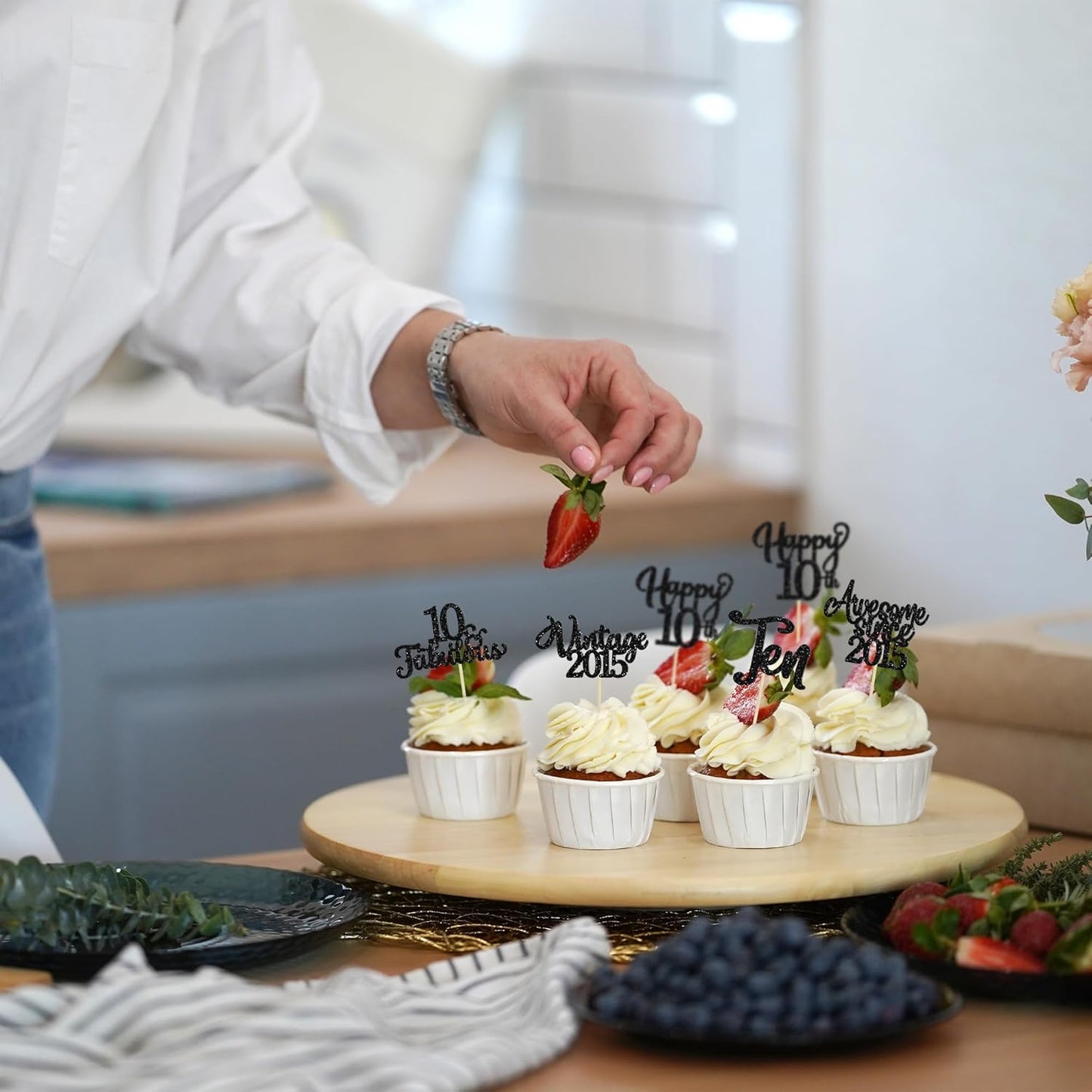 30Pcs Happy 10th Birthday Cupcake Toppers Glitter Ten Vintage 2015 Cupcake Picks Cheers to 10 Fabulous Cake Decorations for 10th Birthday Wedding Anniversary Party Supplies Black