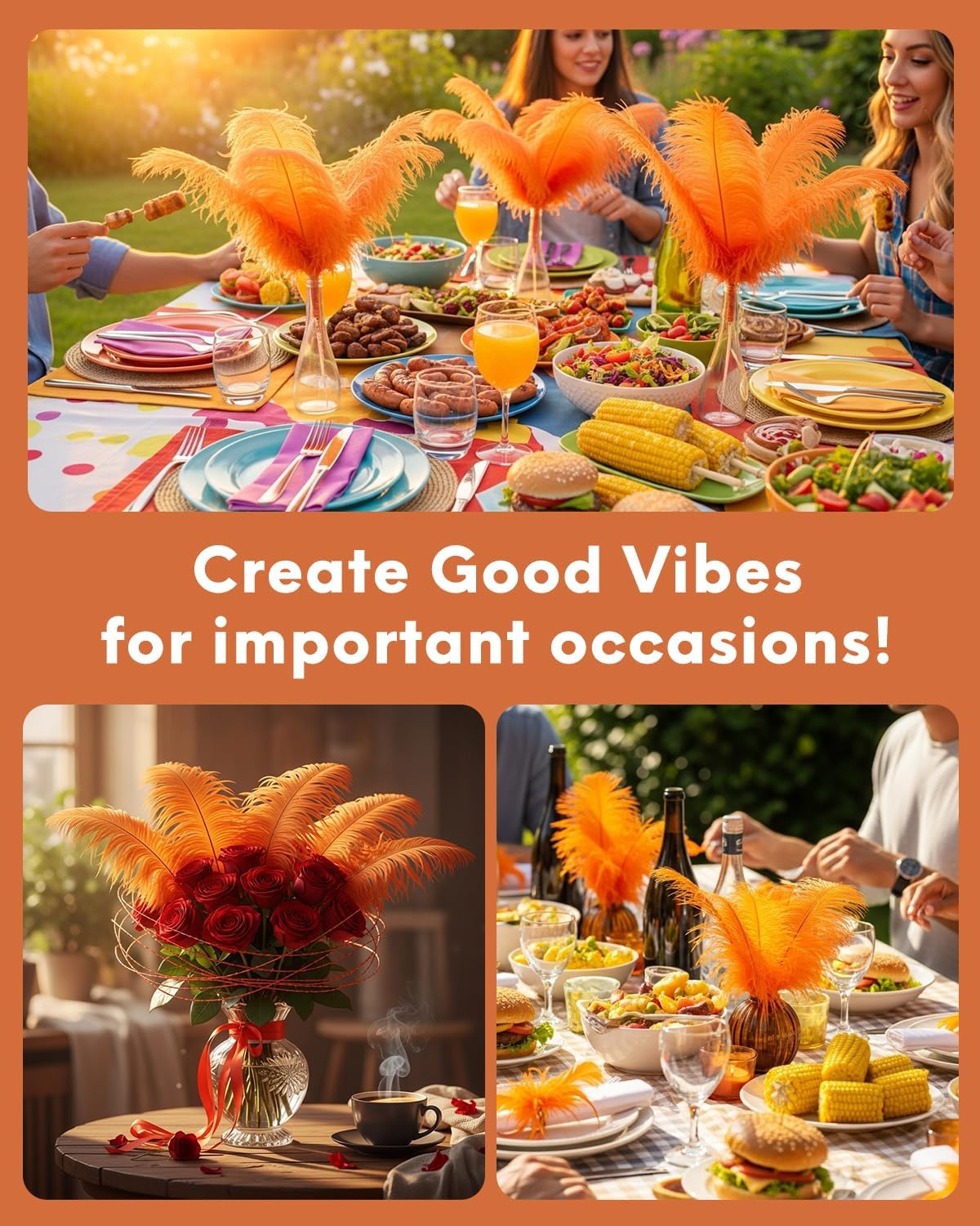 NEWONG 30pcs Orange Ostrich Feathers Natural Bulk 9-12in（23-30cm） Vase Craft Wedding Home Party Centerpieces Christmas Day Decoration