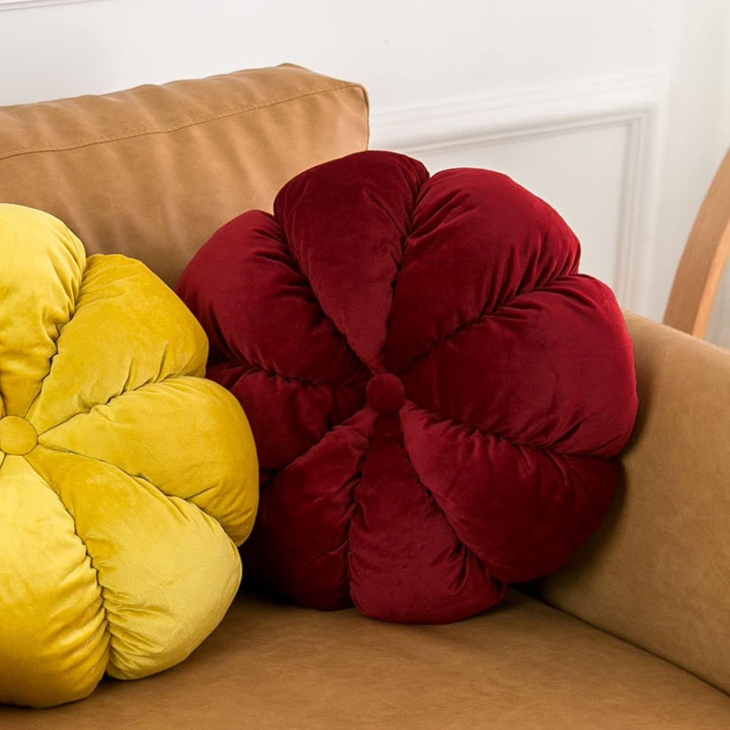 Flower Pillow Cushion Round Decorative Throw Pillow for Couch Bedroom Flower-Shaped Floor Cushion for Girls Kids (Wine Red, 15.7”)