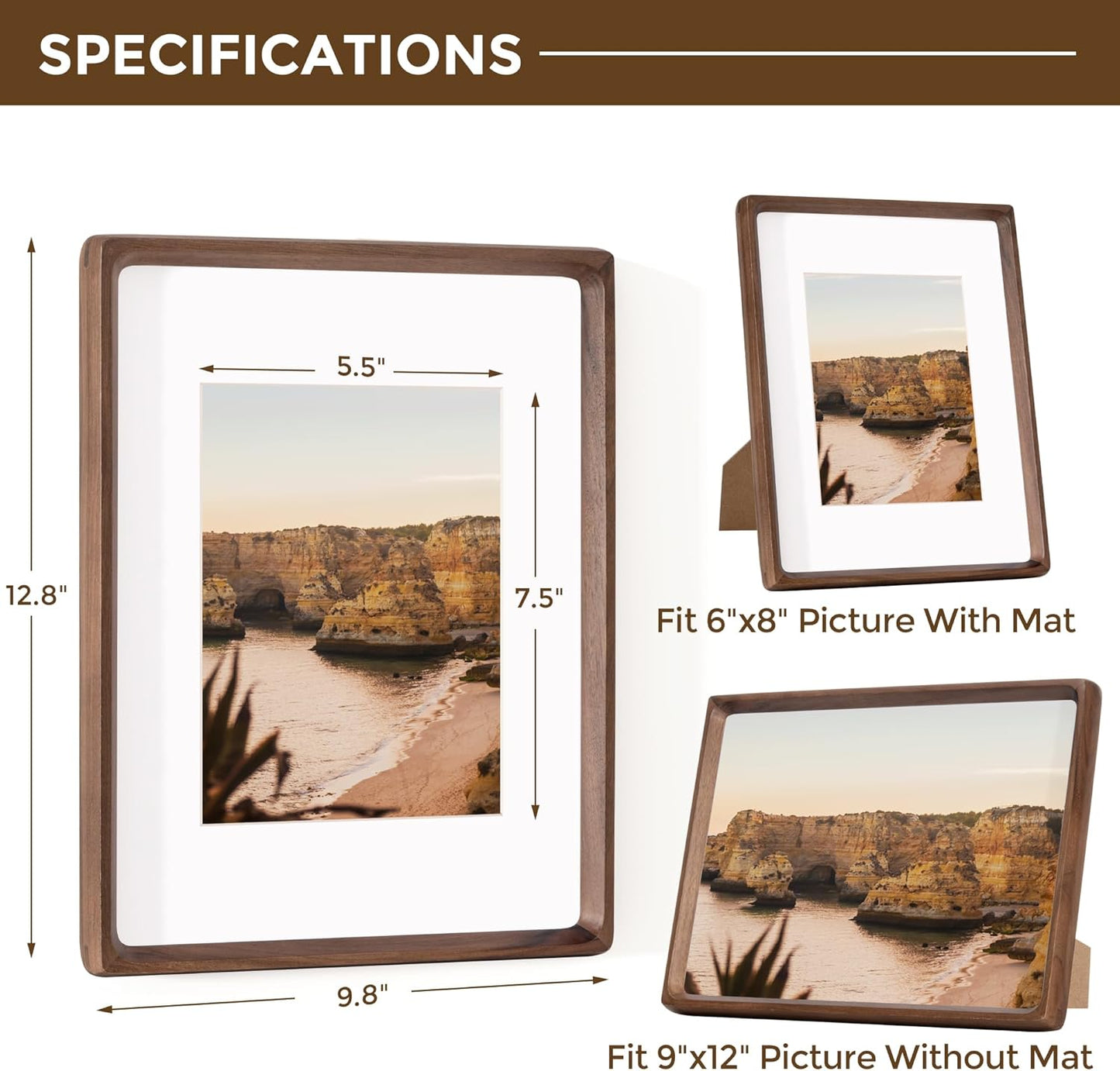 9x12 Picture Frame USA-Sourced Natural Walnut Solid Wood Photo Frame Handcrafted Rounded Corner with Mat to 6x8 Picture Display with Real Glass Family Picture, Certificate