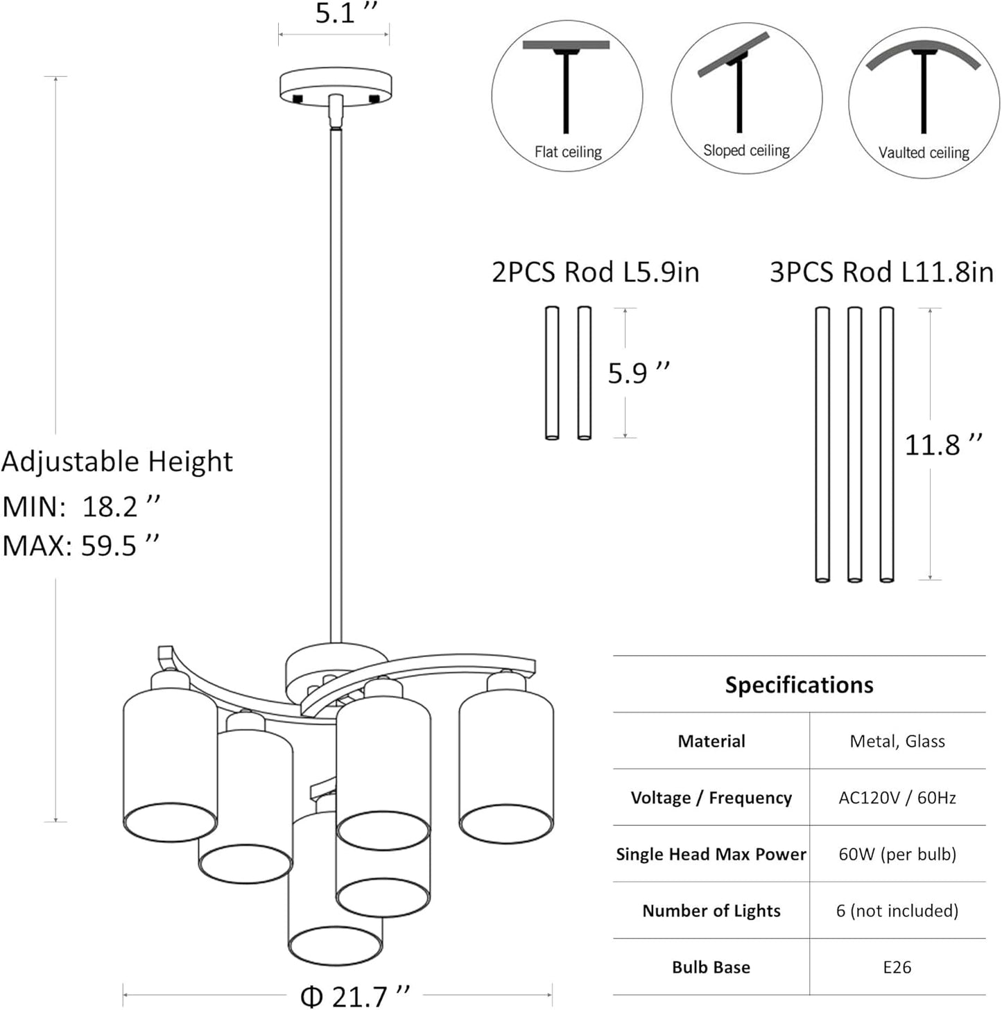 6-Light Antique White Chandelier with Clear Glass Shade, French Country Chandeliers for Dining Room, Adjustable Height Hanging Farmhouse Pendant Lighting for Kitchen Island Entryway Office