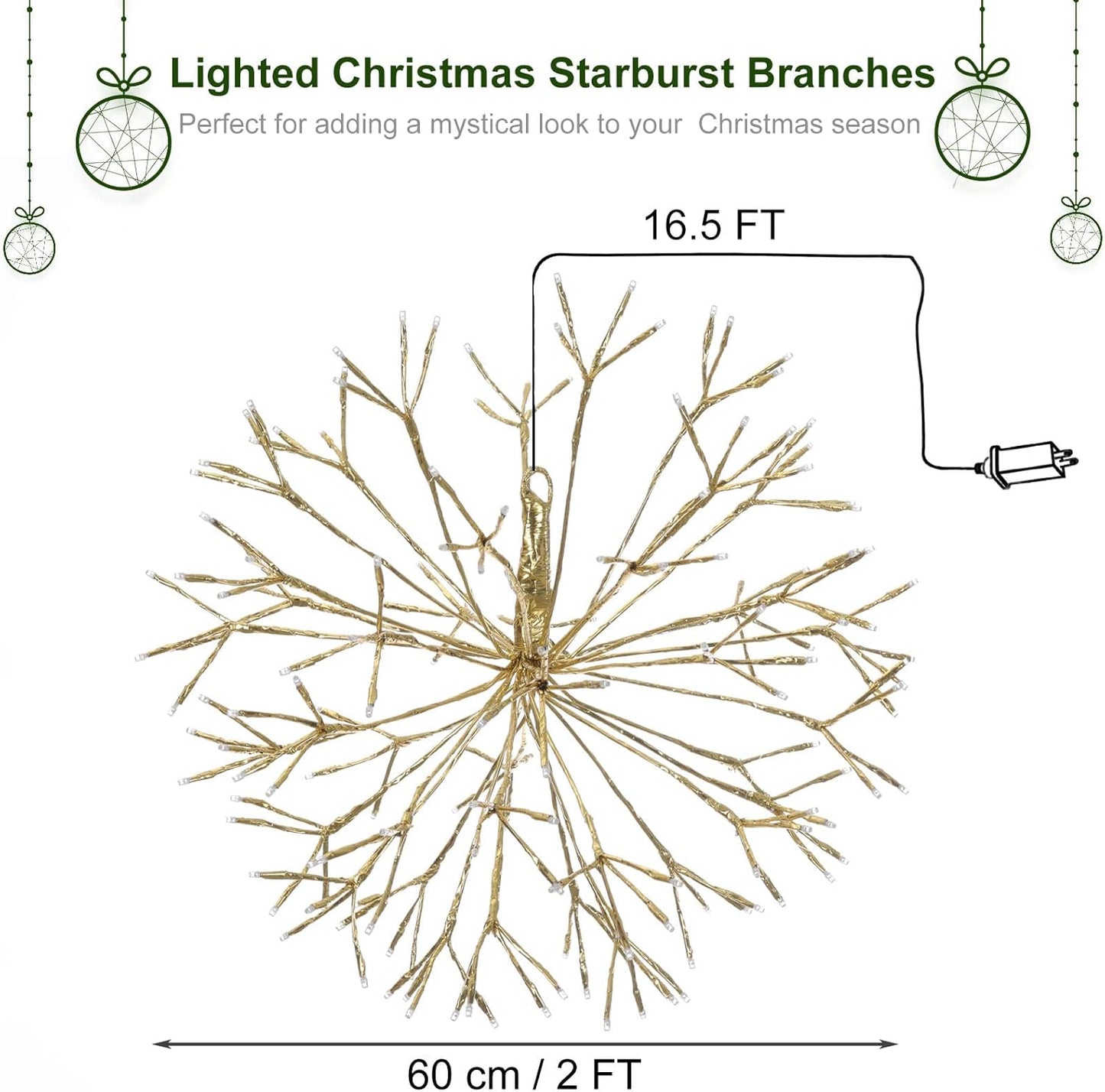 Christmas led Sparkle Ball Hanging Outdoor décorations -Haning Twig Ball,Snowflake Ornament Lights Indoor Outdoor Festive Holiday Décor 24Inch (Warm White)