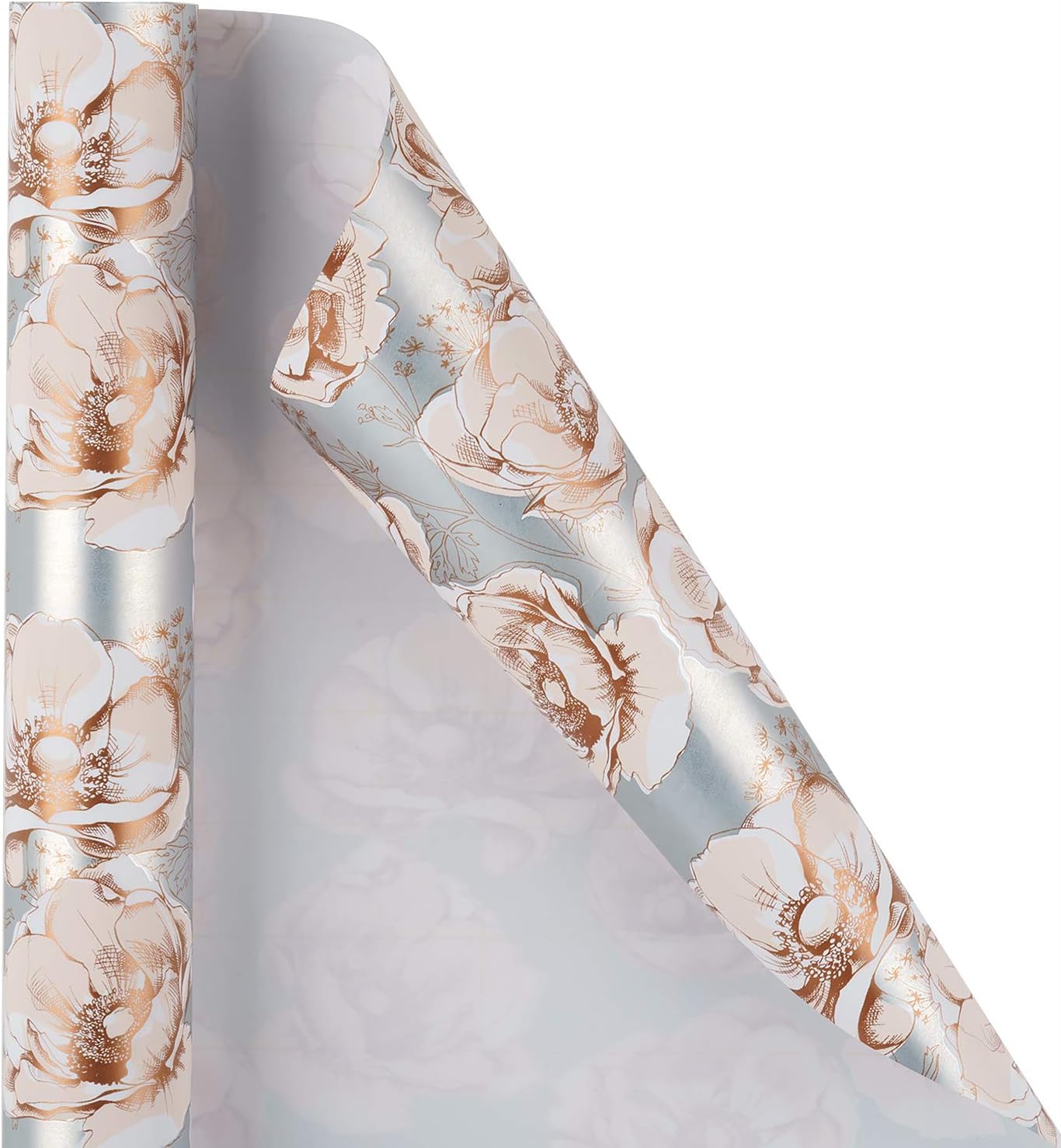 WRAPAHOLIC 30 Inch Jumbo Reversible Floral Wrapping Paper - 30 Inch X 33 Feet - Siver Floral Design for Wedding, Birthday, Mothers Day, Baby Shower, Anniversary, Bridal Shower