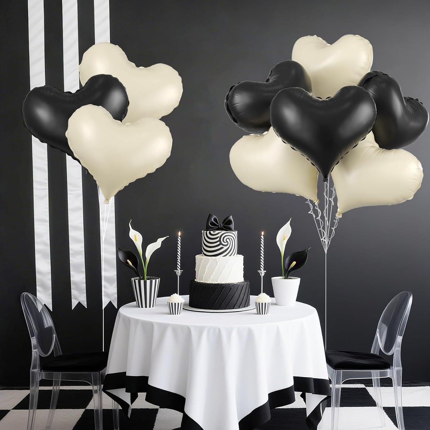 Black Cream White Heart Balloons,24Inch Large Heart Foil Balloons for Valentine's Day Birthday Wedding Baby Shower Anniversary Party Decorations