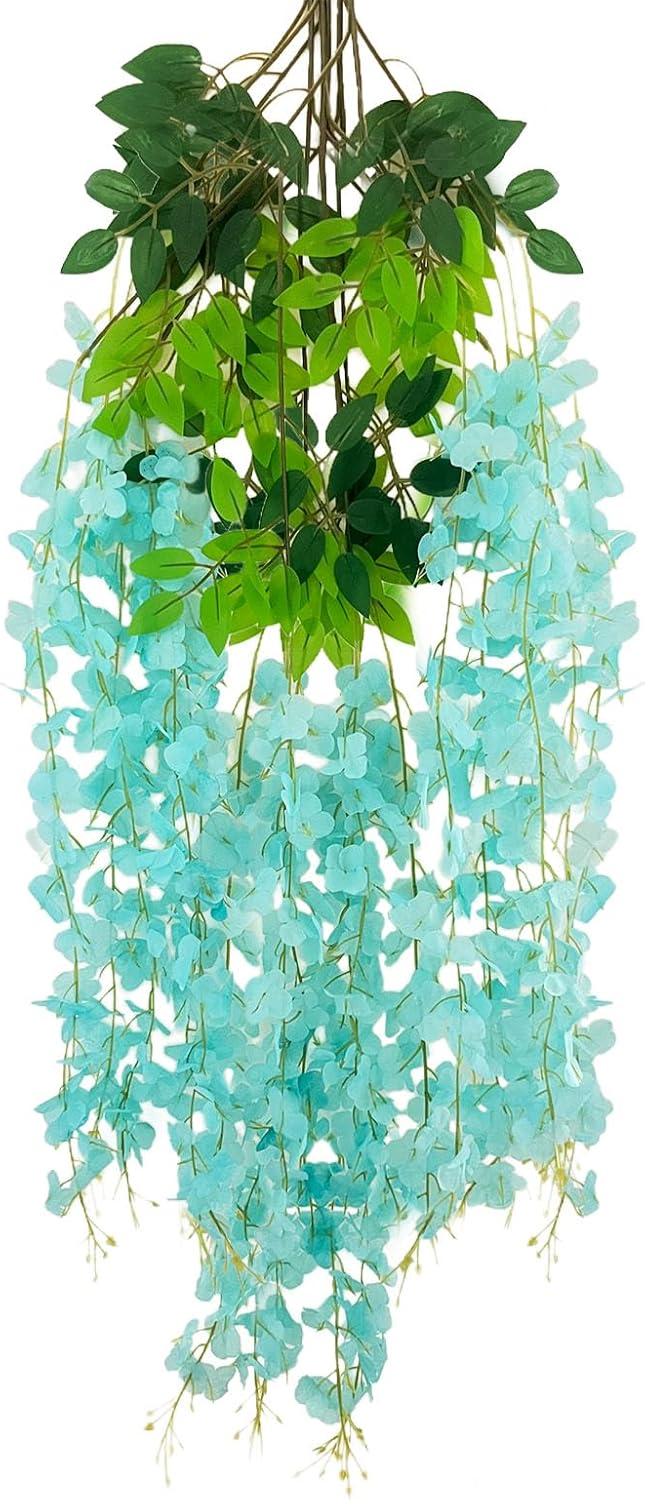 5 Pack Teal Wisteria Hanging Flowers Garland, 3.77 Feet Artificial Flower Vines, Fake Wisteria, Artificial Vines Hanging Garland for Backdrop Outdoor Yard Garden Decor