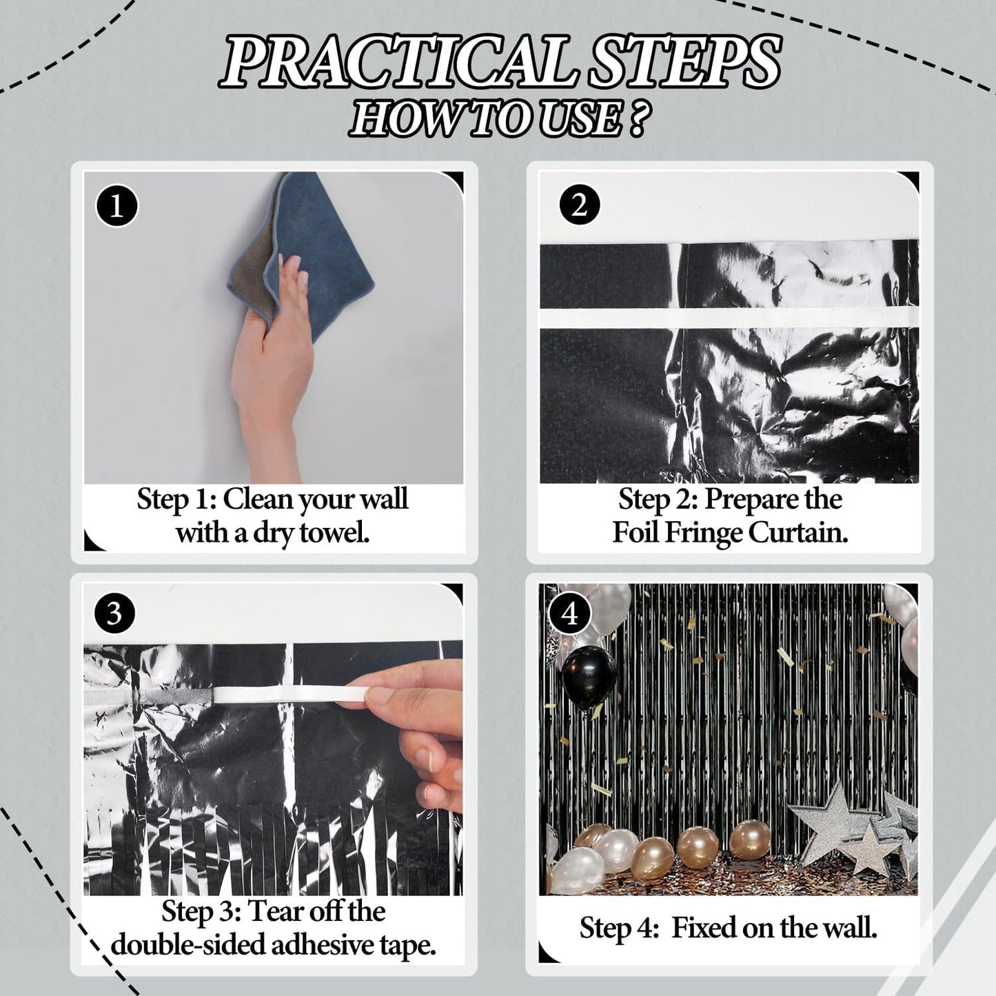 3 Pack Foil Fringe Backdrop - Laser Black Shiny Tinsel Curtains for Party Decoration/Photo Booth Props - 3.3x8.2 FT Metallic Foil Backdrop for Birthday, Wedding, Graduation, Christmas.