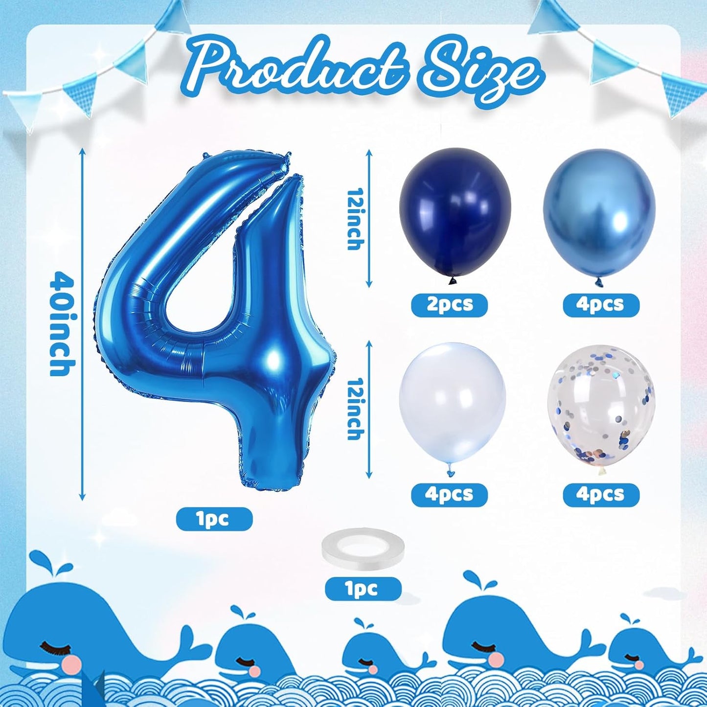 Number 4 Balloon Pastel Blue for kids, XXL 4th Birthday Decor Foil Balloon Dark Navy Blue with Silver Confetti Helium Balloon, 40 Inch Balloon 4 for Boys Four Birthday Party Anniversary Decorations