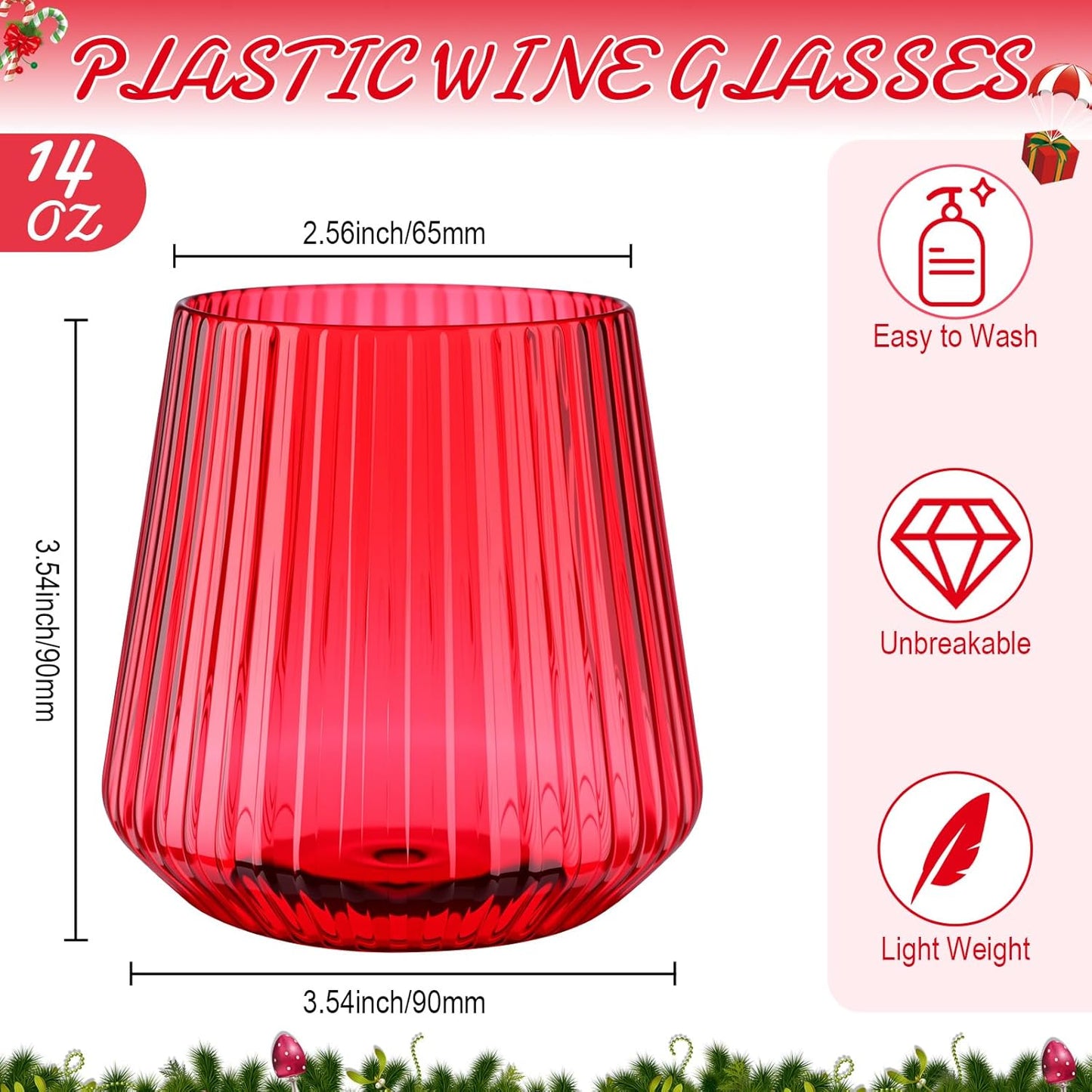 Suclain Plastic Wine Glasses Ribbed Stemless Wine Glasses 14oz Vertical Design Unbreakable Cups for Outdoor Indoor Vintage Elegant Champagne Whiskey Cups for Party Wedding(Red,50 Pcs)