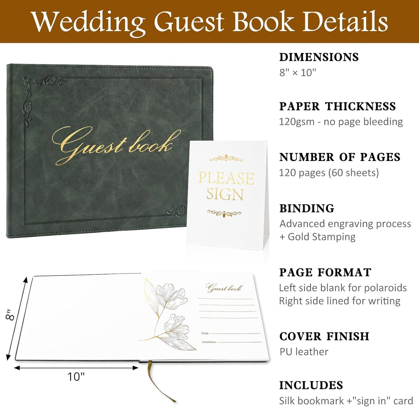 8x10 Leather Guest Book and Standup Sign Set, Gold Foiled Cover Registry Book for Wedding Reception, Retirement Party, Vacation Homes and Events, 120 Pages (Green)