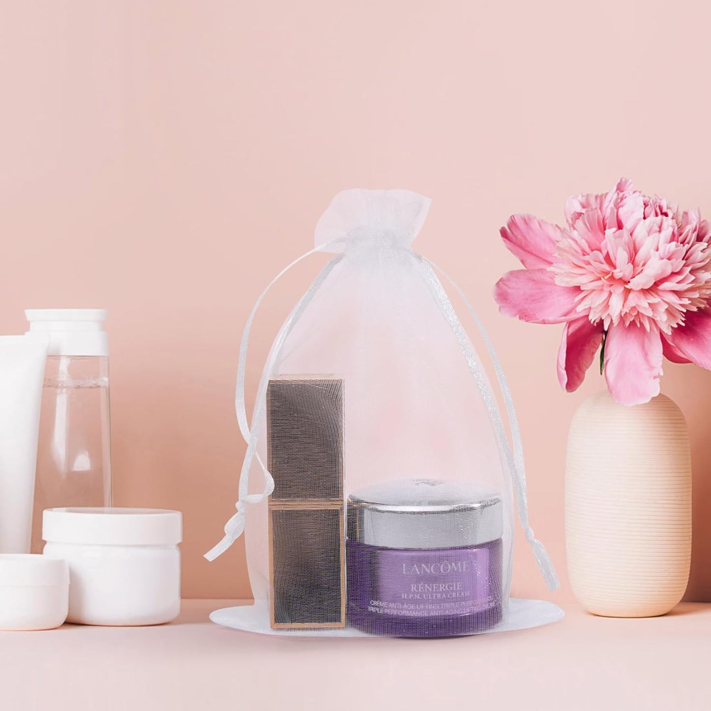 50 Pcs White Organza Bags 3x4 Inch, Small Mesh Gift Bags Drawstring Little Pouches for Party Favor Jewelry Candy