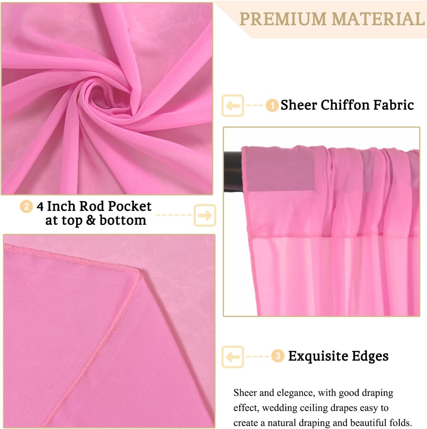 MODFUNS Wedding Arch Drapes Fabric Pink Ceiling Draping 2 Panels 5x20 FT Chiffon Curtains for Backdrop Sheer Voile Swag Curtain Wedding Drapery for Arch Bed Canopy Tent Backdrop for Reception Arbor