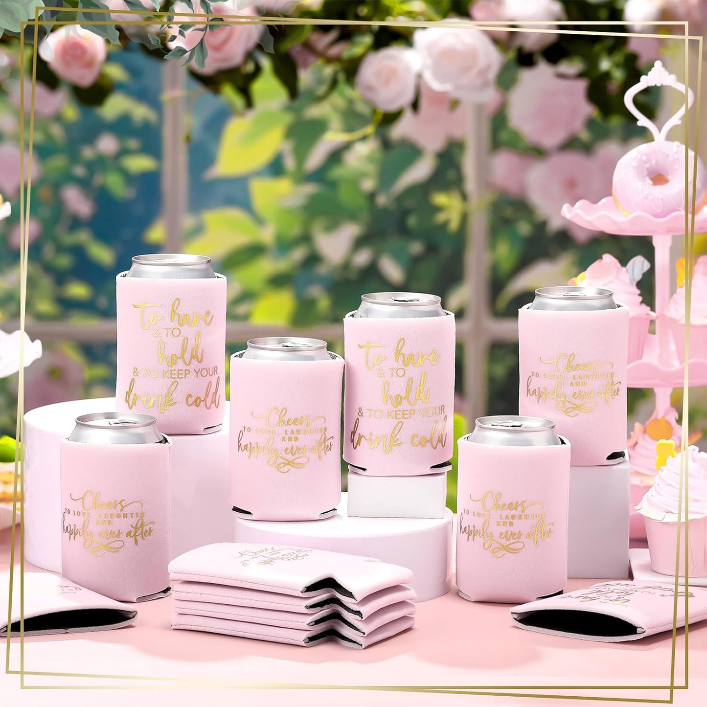 50 Pieces Pink Rose Wedding Can Cooler Bulk Engagement Party Favors for Guests Cheers to Love Laughter and Happily Ever After Rehearsal Dinner Decorations for Wedding Bridal Party