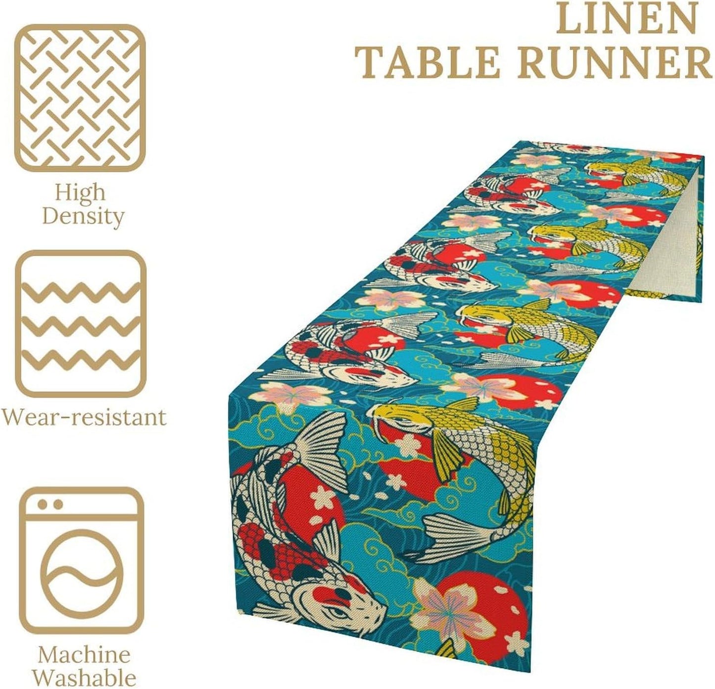 Japanese Kio Fish Table Runner Oriental Tradition Cherry Art Printed Burlap Runner Home Kitchen Dining Table Living Room Decor Fabric 1 Panel W13xL70in