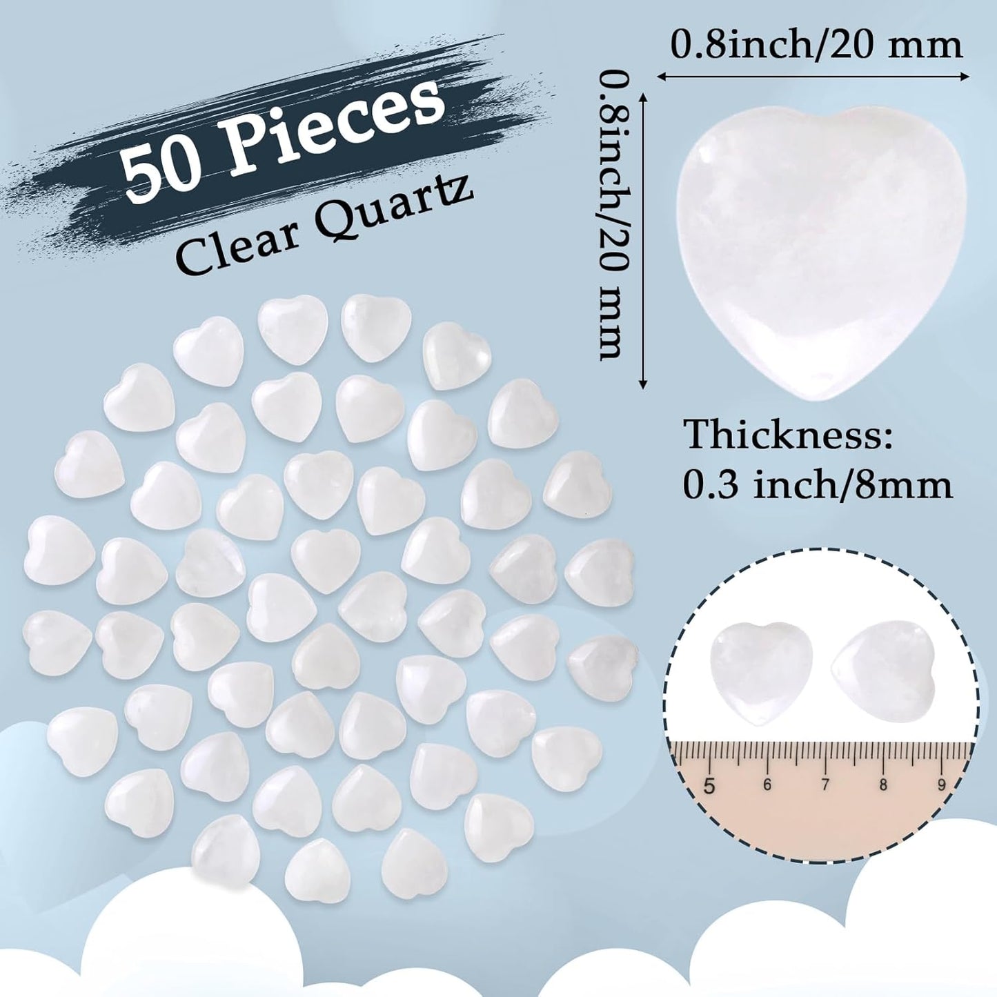 Gerrii 50 Pcs Heart Healing Stone Bulk Quartz Heart Inspirational Stones Gift for Women Love Pocket Polished Natural Energy Balancing Meditation 0.8 Inch(Clear)