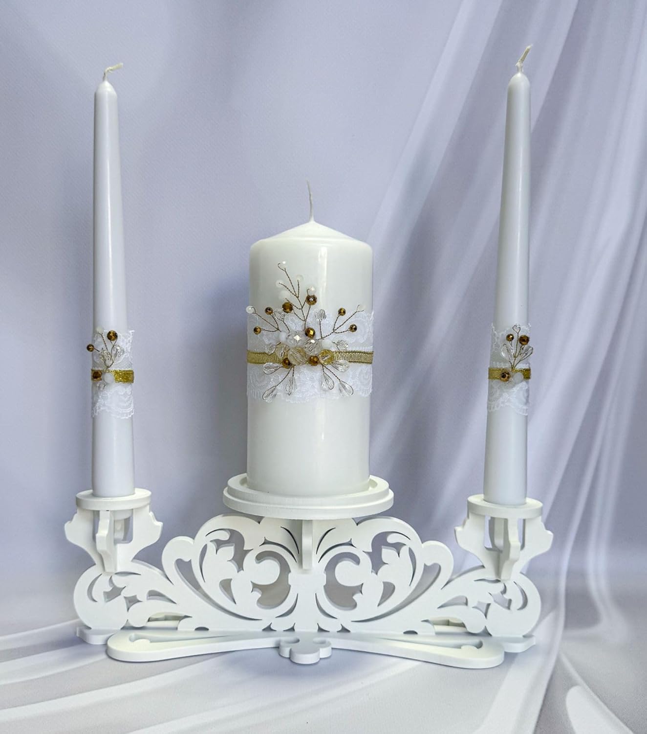 Unity Candle Set - Wedding Ceremony & Reception – 6” Pillar & Two 10” Taper Candles – Long Burning Unity Candles for Marriage Ritual – Handmade in USA – Diamond |Gold