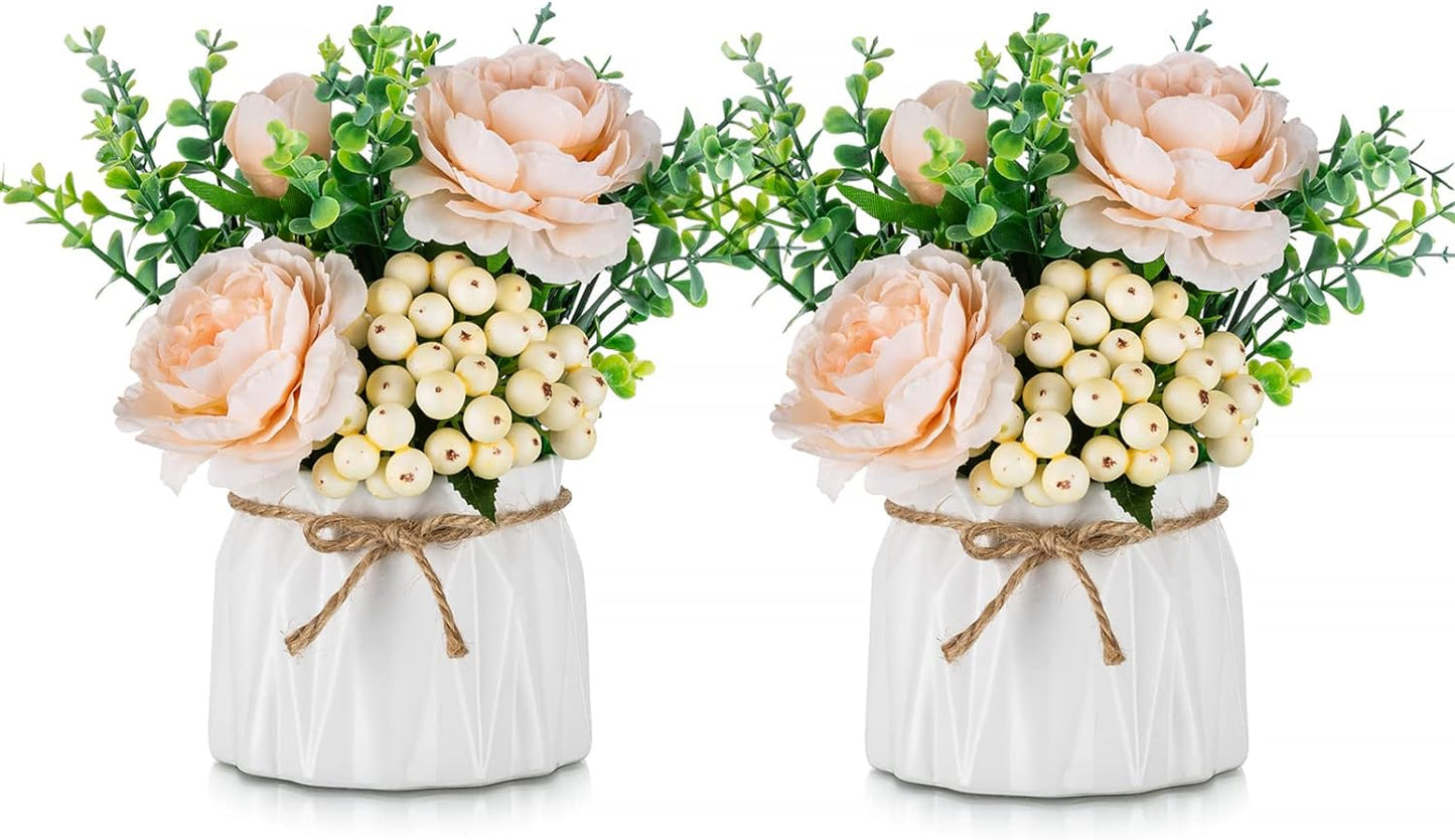 BLOSMON Table Decor Artificial Flowers Vase 7 Inch Small Fake Champagne Flower Arrangement 2pcs Floral Arrangement for Tables centerpieces Kitchen Dining Room Decorations Flower in Vase Silk Roses