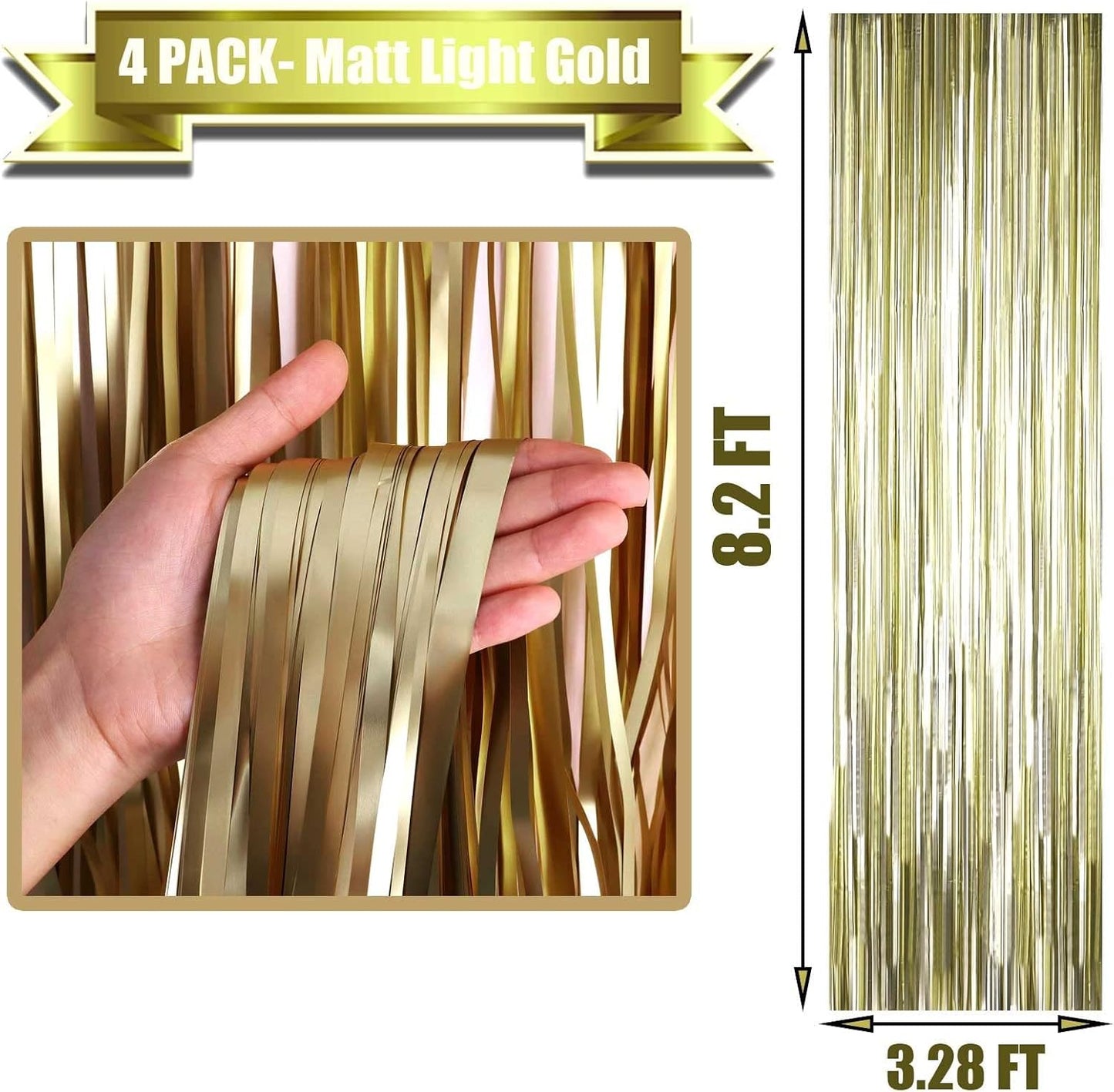 4 Pack Light Gold Foil Fringe Curtain Backdrop, 3.28Ft x 8.2Ft Metallic Tinsel Foil Fringe Streamer Curtains for Party, Photo Booth Props, Birthday, 2022 Graduation Party Supplies
