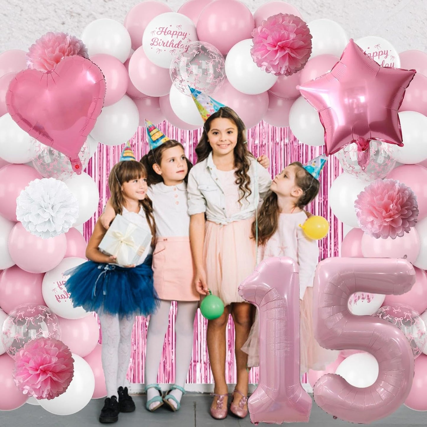 15th Birthday Decorations for Girls Pink Number 15 Balloon Bow Coquette Happy Birthday Banner Fringe Curtain Paper Pom Poms Star Heart Foil Pink White Balloons 15 Year Old Party Decor