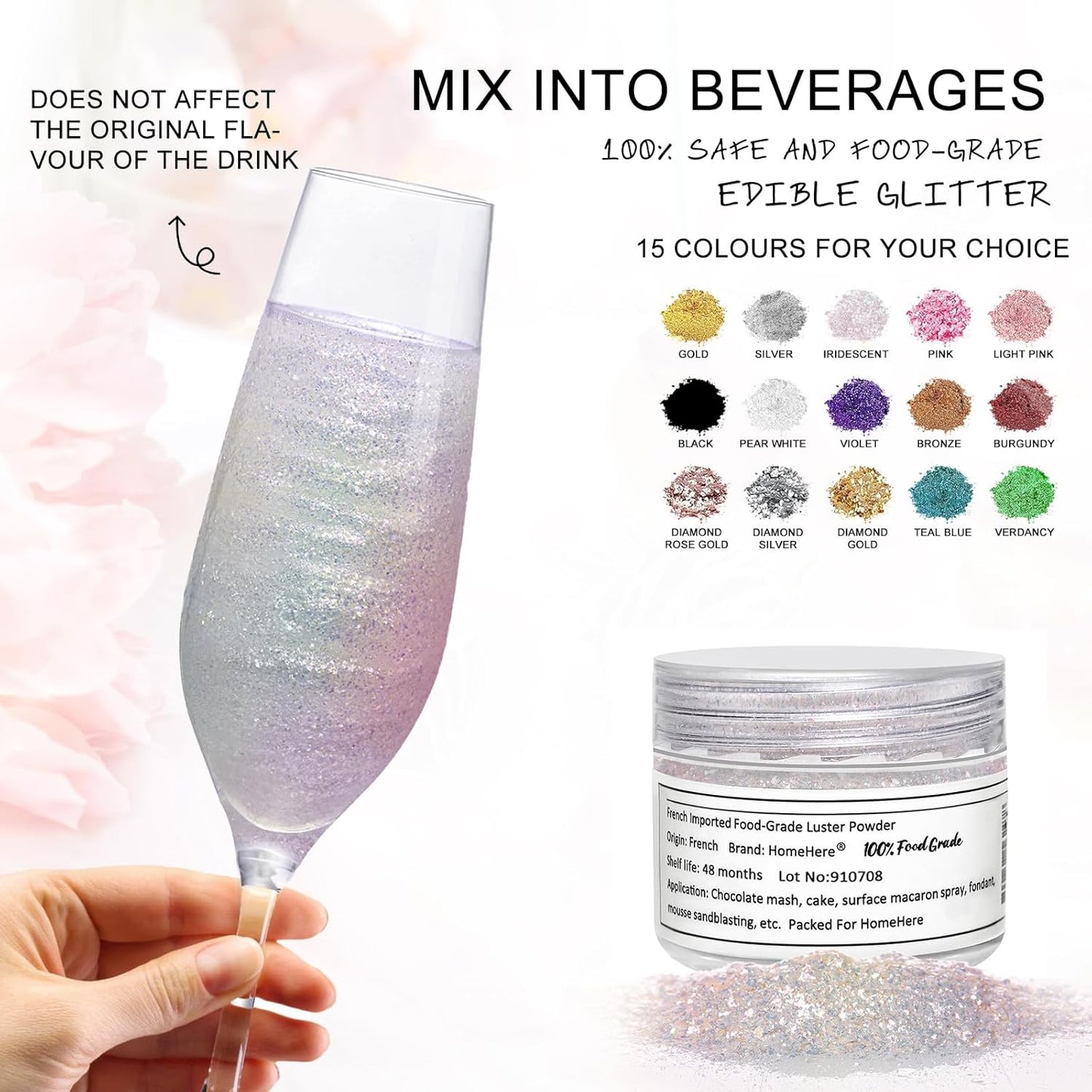 HomeHere Edible Luster Dust Food-Grade Glimmer Powder Glitter for Cake Decorating 7g, Edible Sprinkle Glitter for Cocktails Drinks Baking Candy Dessert Chocolate Vegan Tasteless, Iridescent