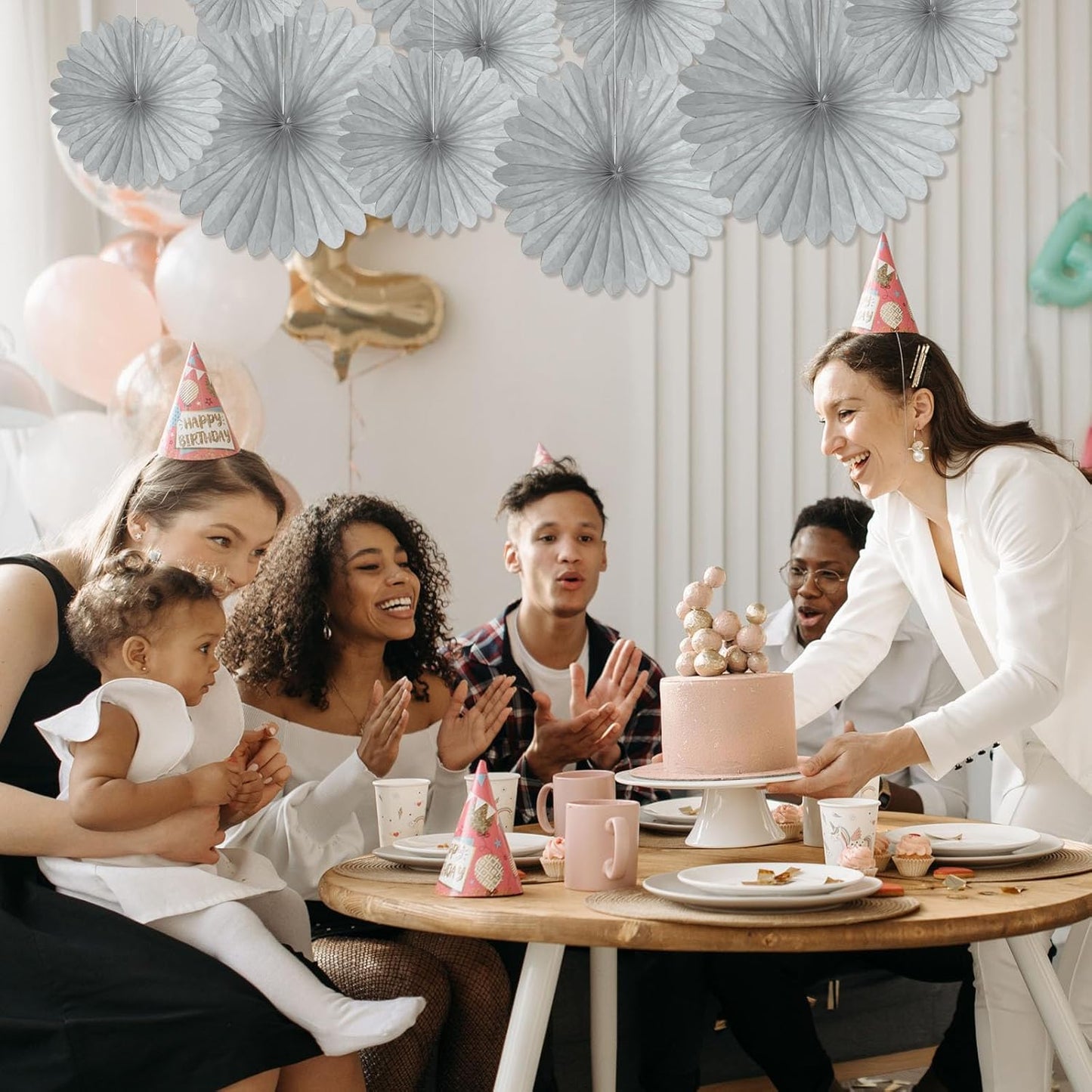 20 Pcs Silver Grey Hanging Paper Fan, Hanging Honeycomb Round Paper Fans for Weddings, Birthdays, Christmas, Baby Showers, Classroom, Events Ceiling Party Supplies Decorations