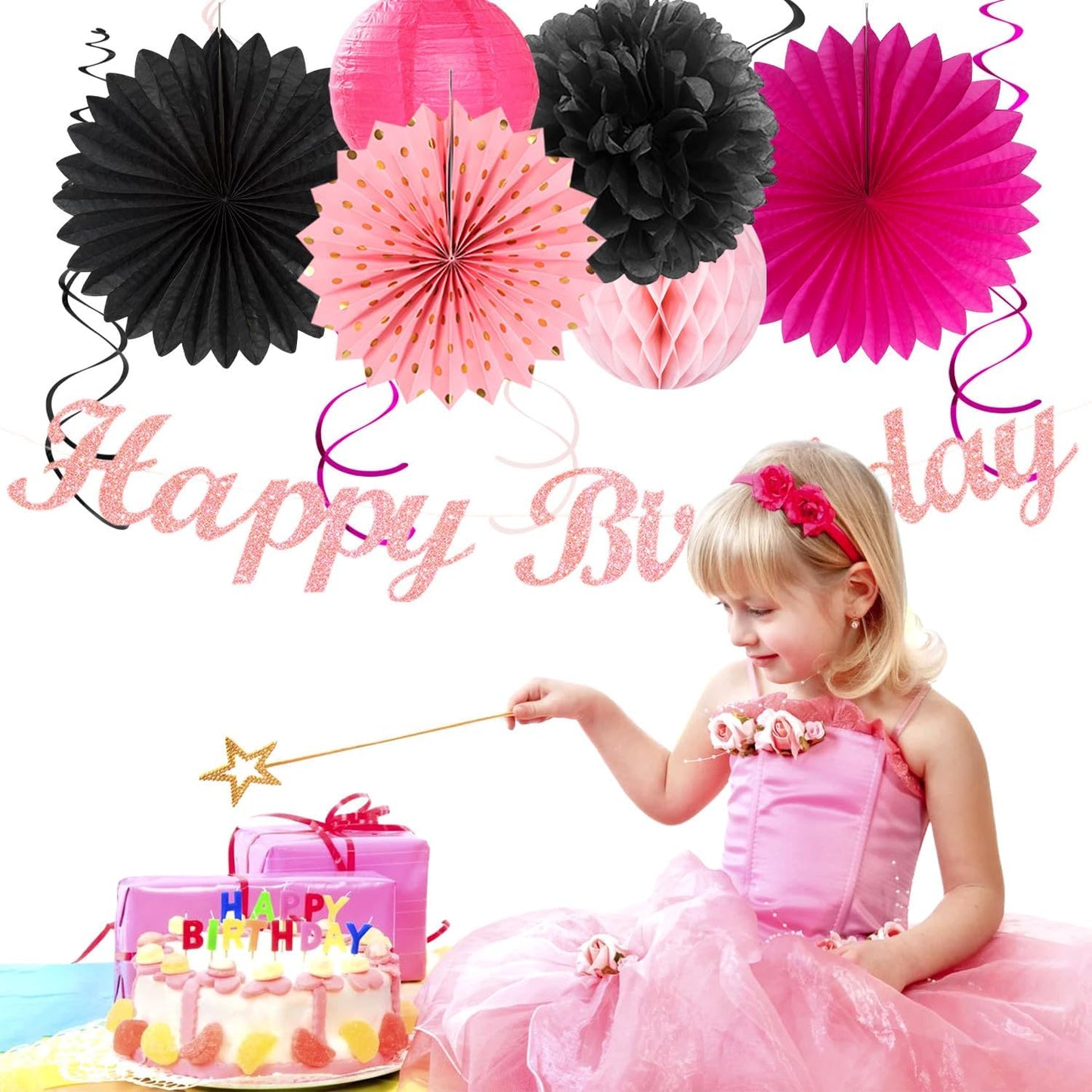 Hot-Pink Black Girls-Women Birthday Party-Decorations - 21pcs Baby Happy Banner, Paper Streamers Lanterns,Tissue Pom Poms Fan,Backdrop Decor Huglony