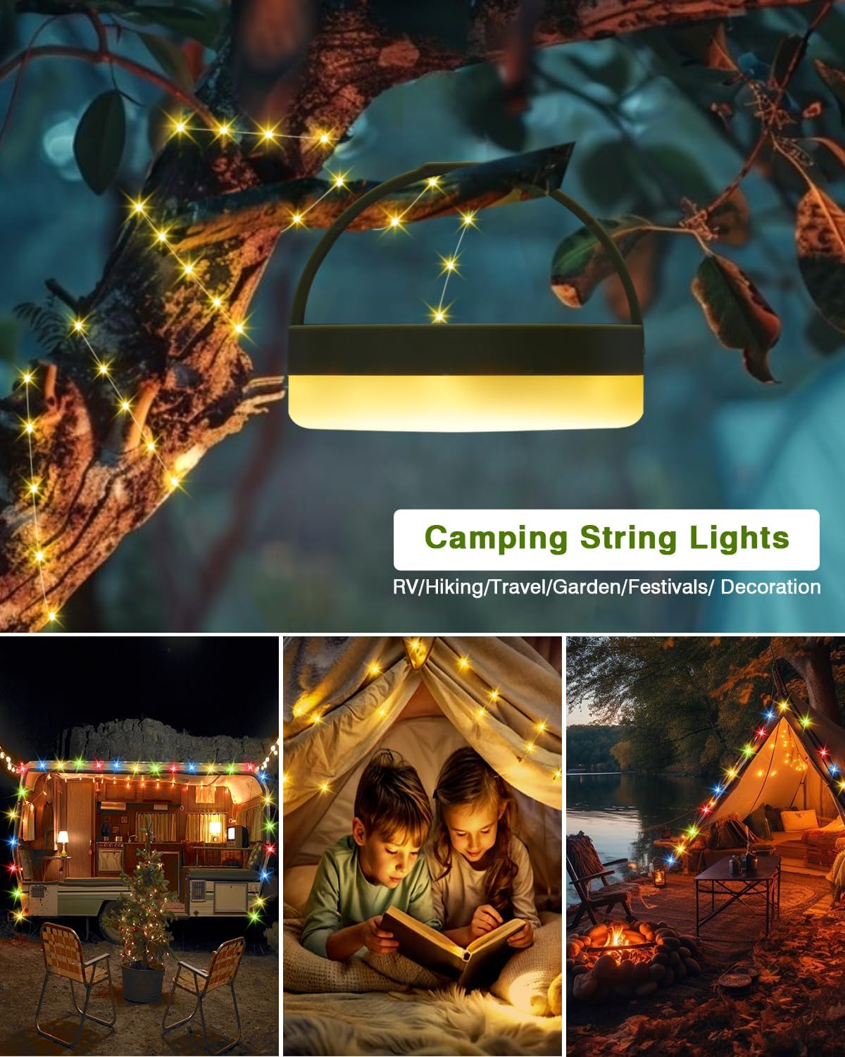 Camping String Lights, 32.8FT Warm & RGB Fairy String Lights 130LEDs, Portable Waterproof Camping Light with 12 Modes, Hanging Tent Lanterns for Outdoor Hiking Yard AWN Home Bedroom Decorations