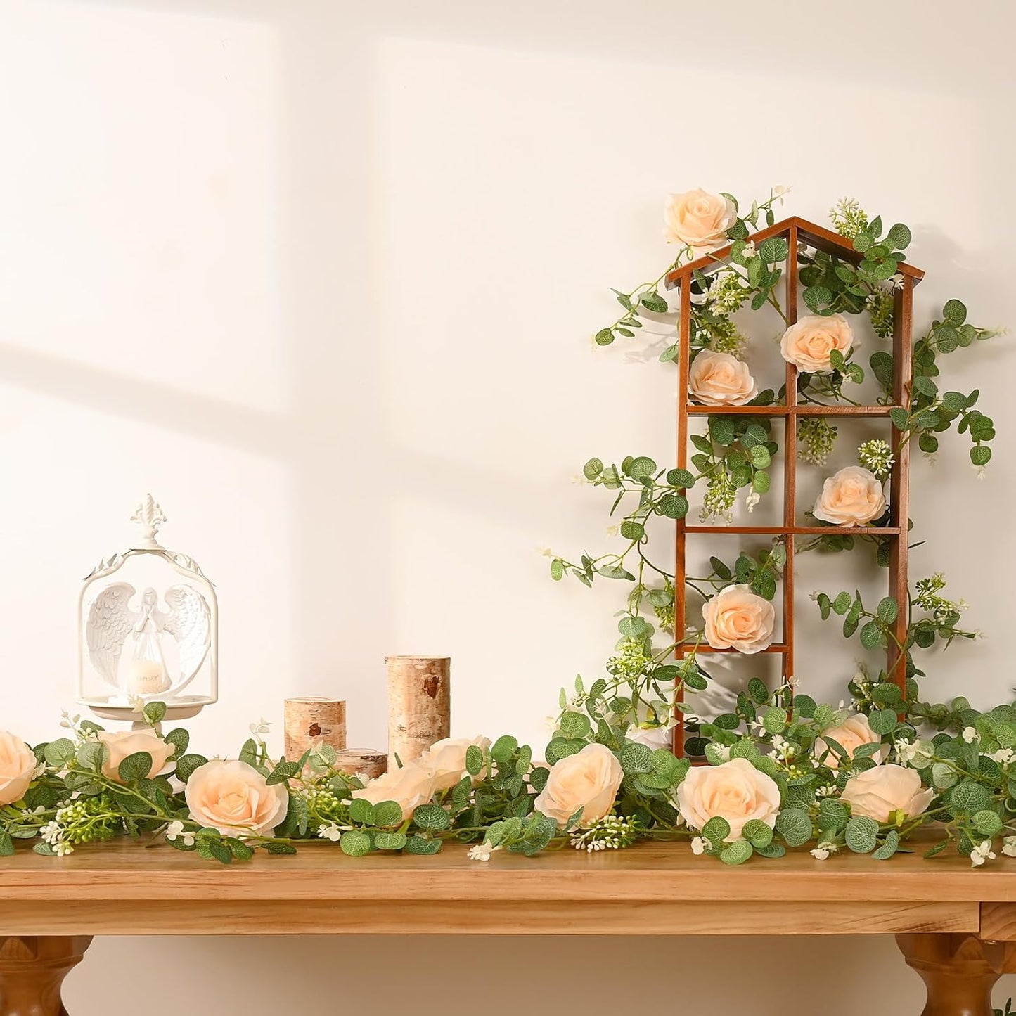 Dolicer 2Pcs 13Ft Artificial Eucalyptus Garlands with Flowers - 8 Roses, Faux Floral Greenery Garlands Fake Flowers Vines for Wedding Table Centerpieces Arch Party Ceremony Backdrop Decor (Champagne)