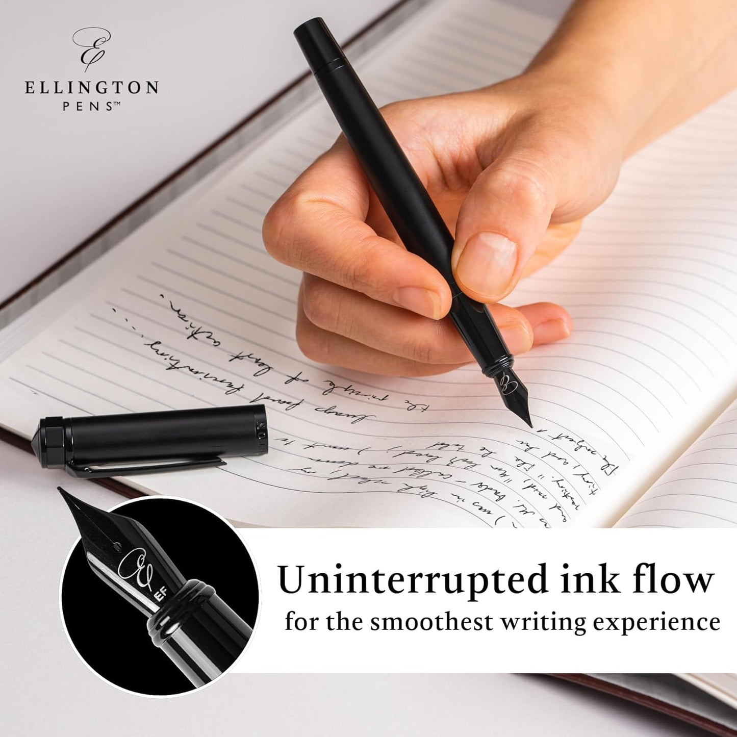 Ellington Pens Luxury Fountain Pen Set - Fountain Pens For Writing - Smooth Fine Nib - Includes Refillable Ink Converter, 3 Ink Cartridges, Gift Box - Calligraphy, Journaling, Sketching (The Stealth)