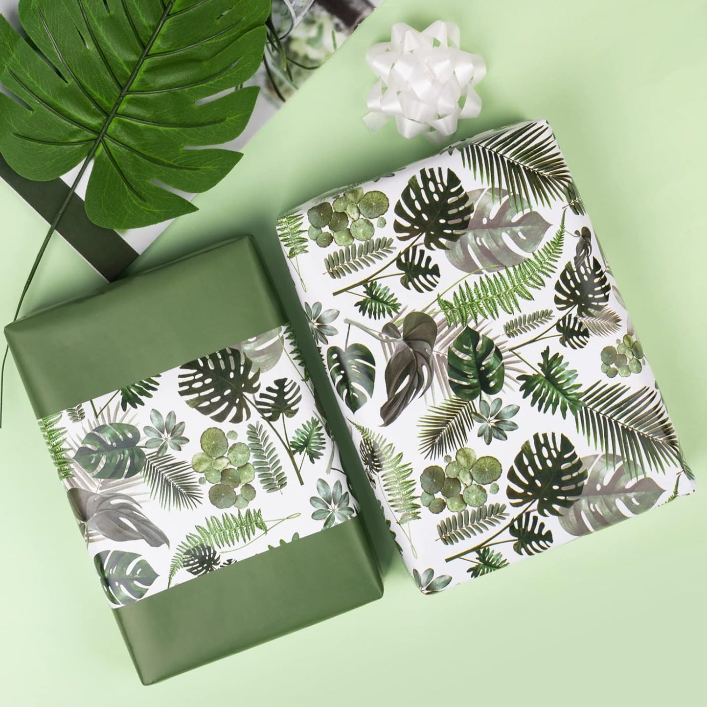 WRAPAHOLIC 30 Inch Reversible Wrapping Paper - 30 Inch X 100 Feet Jumbo Roll Green Monstera Leaf Design, Perfect for Birthday, Party, Baby Shower and More Occasions