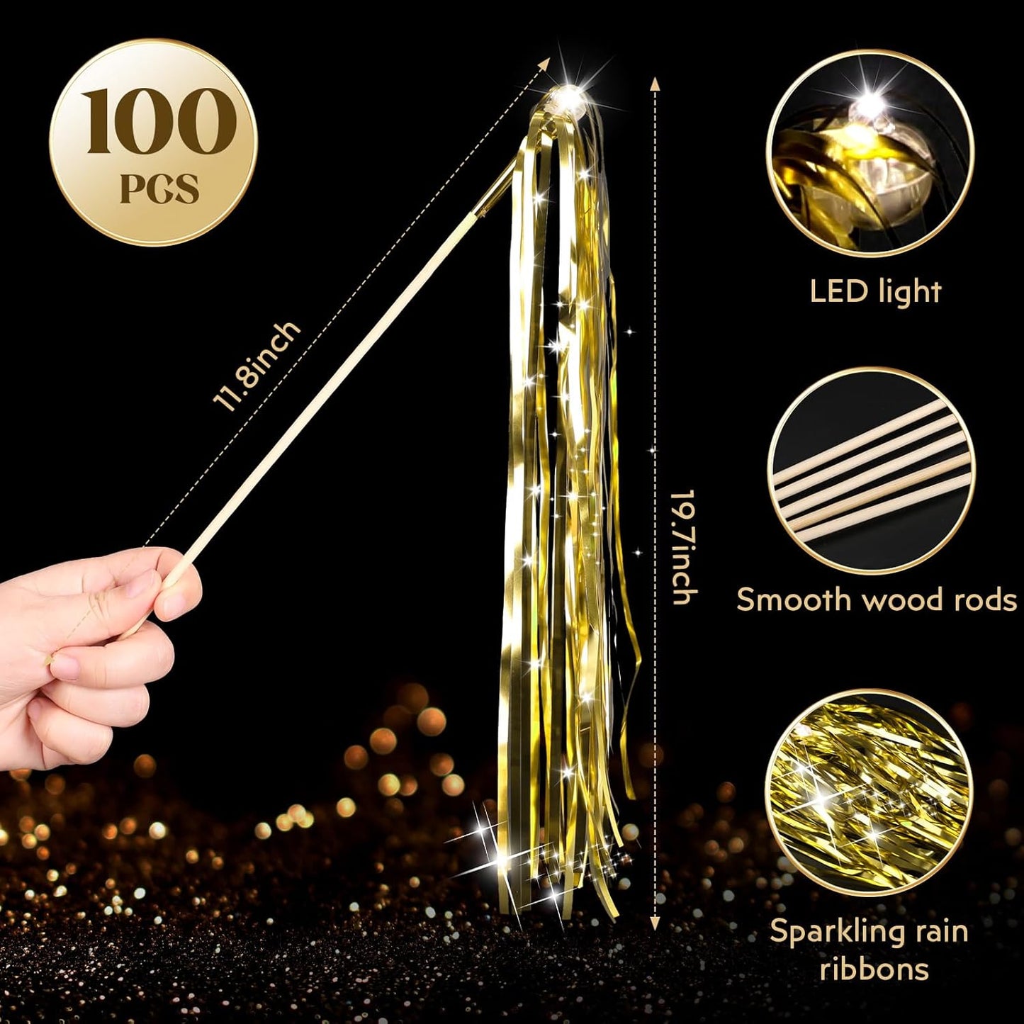 100 pcs Wedding Wands Light up with LED Tinsel Wedding Streamers for Wedding Send off and Greeting Ideal Props for Weddings, Birthday Parties, Christmas Cheerleading Games (Gold)