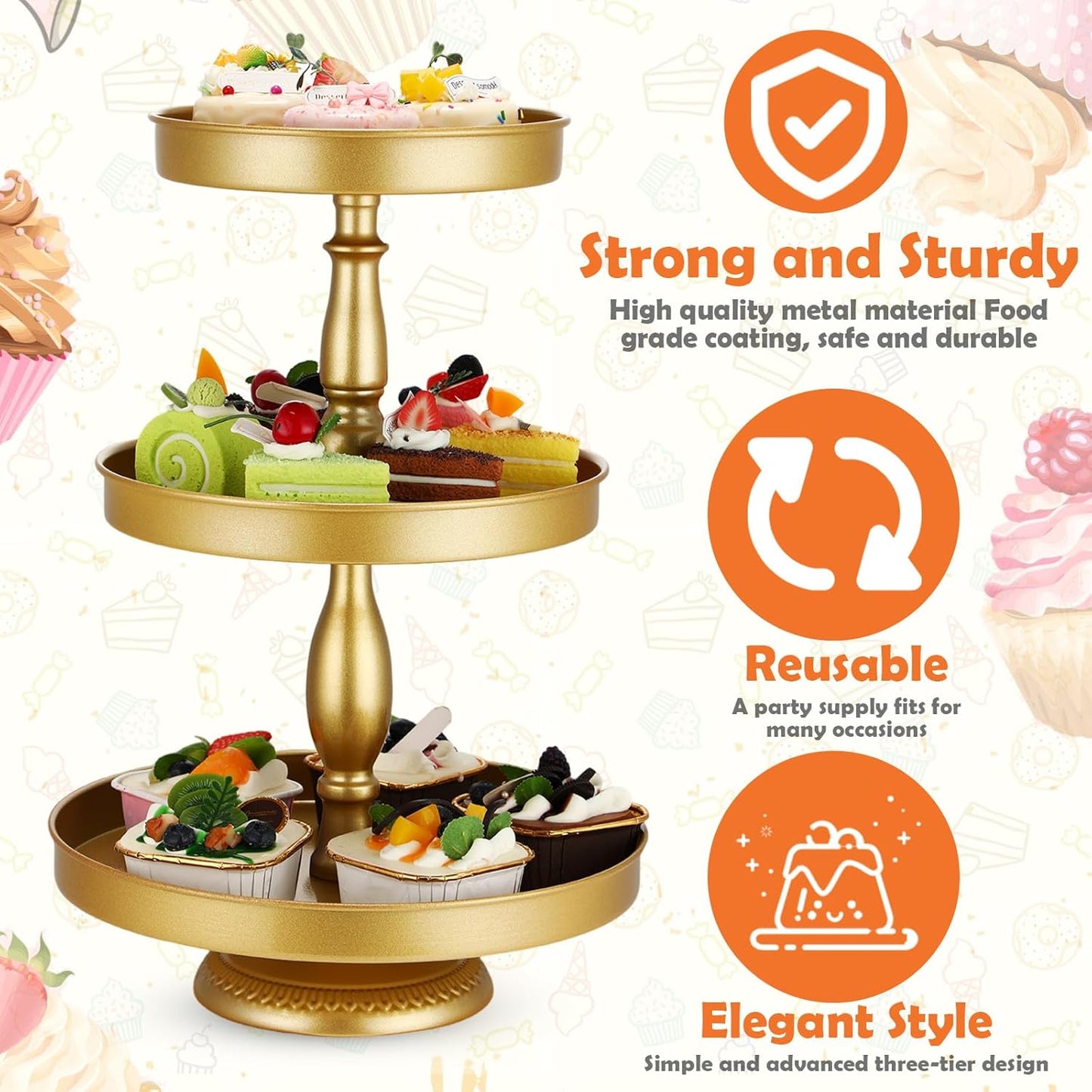 Maxdot 2 Pcs 3 Tier Cupcake Stand Holder, Round Cupcake Stand Serving Tray, Metal Tiered Tray Pastry Dessert Cake Tower Display Stand for Baby Shower Tea Party, Wedding and Birthday (Gold)